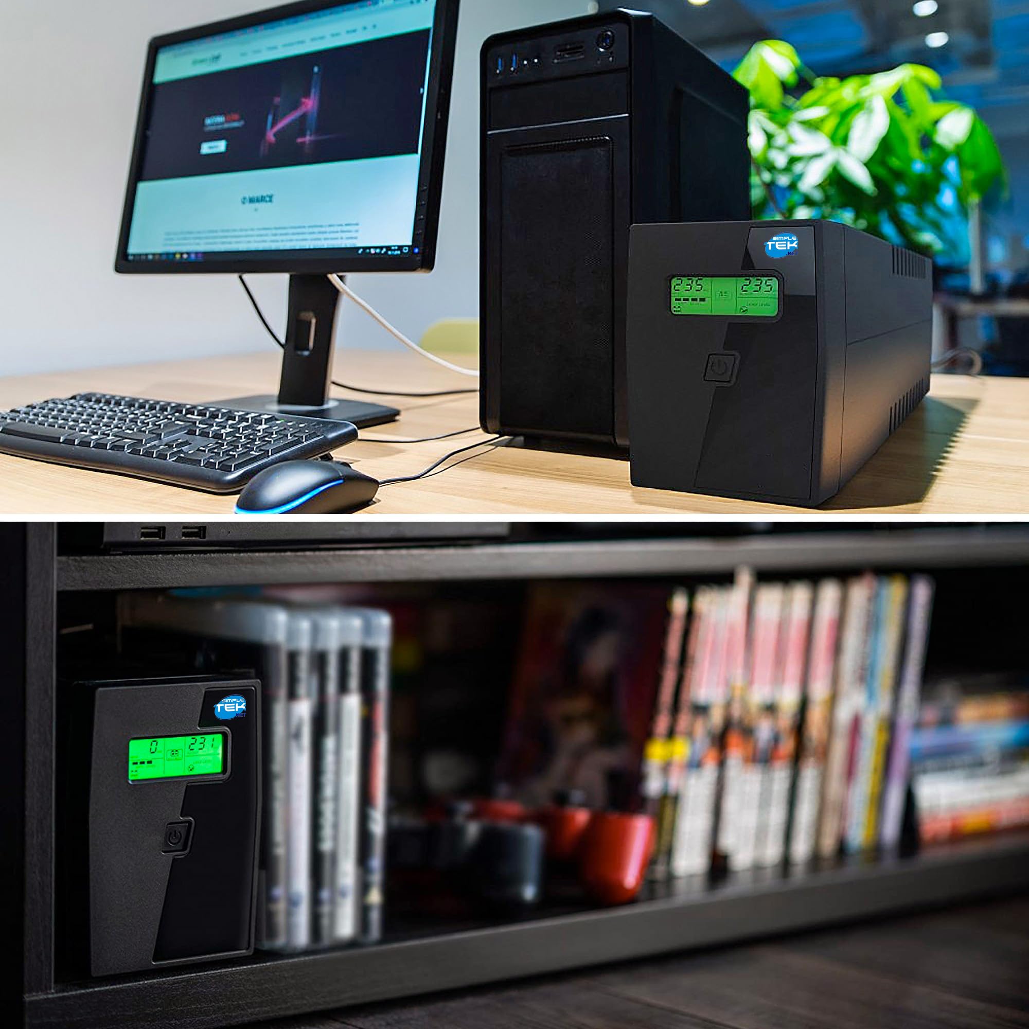 SIMPLETEK - UPS 600VA 360W con Display LCD, Gruppo di Continuità per Protezione Computer e Contro Fulmini