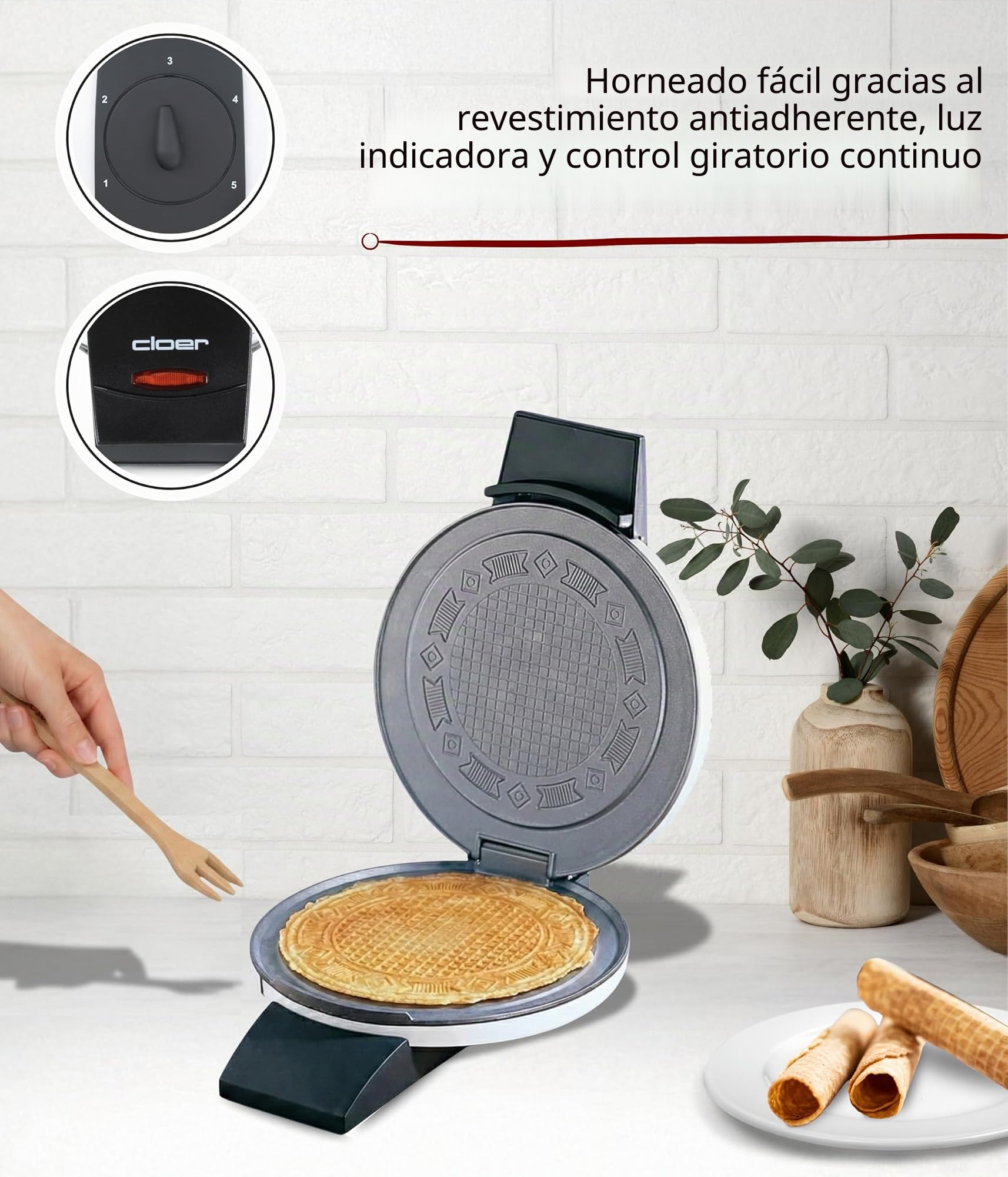 Cloer 261 Gofrera para gofres helados, 800 vatios, Área de horneado 14,5 cm, con revestimiento antiadherente, Grado de dorado variable con la barra perilla, blanco, metal