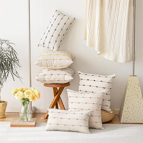 Miniatura 5 de Juego de 2 fundas de almohada bohemias de 12 x 20 pulgadas, modernas fundas de cojín decorativas de lino copetudo, fundas de almohada neutras para