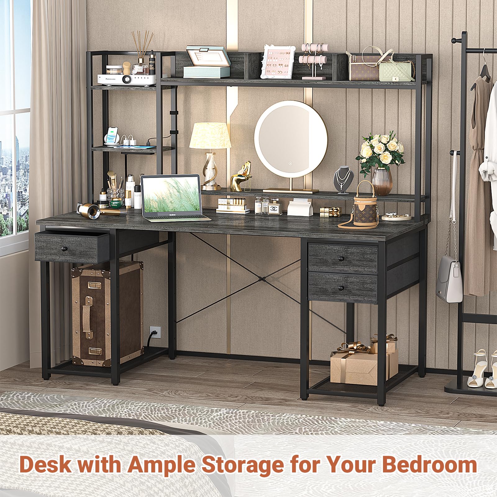 Aheaplus Desk with LED and Outlets, Gaming Desk with Hutch, 55.2'' Computer Desk with Drawers, Reversible Office Desk with Storage Bookshelf Large Workstation Desks with Shelf, Desk for Home, White: Black Oak 55.2''