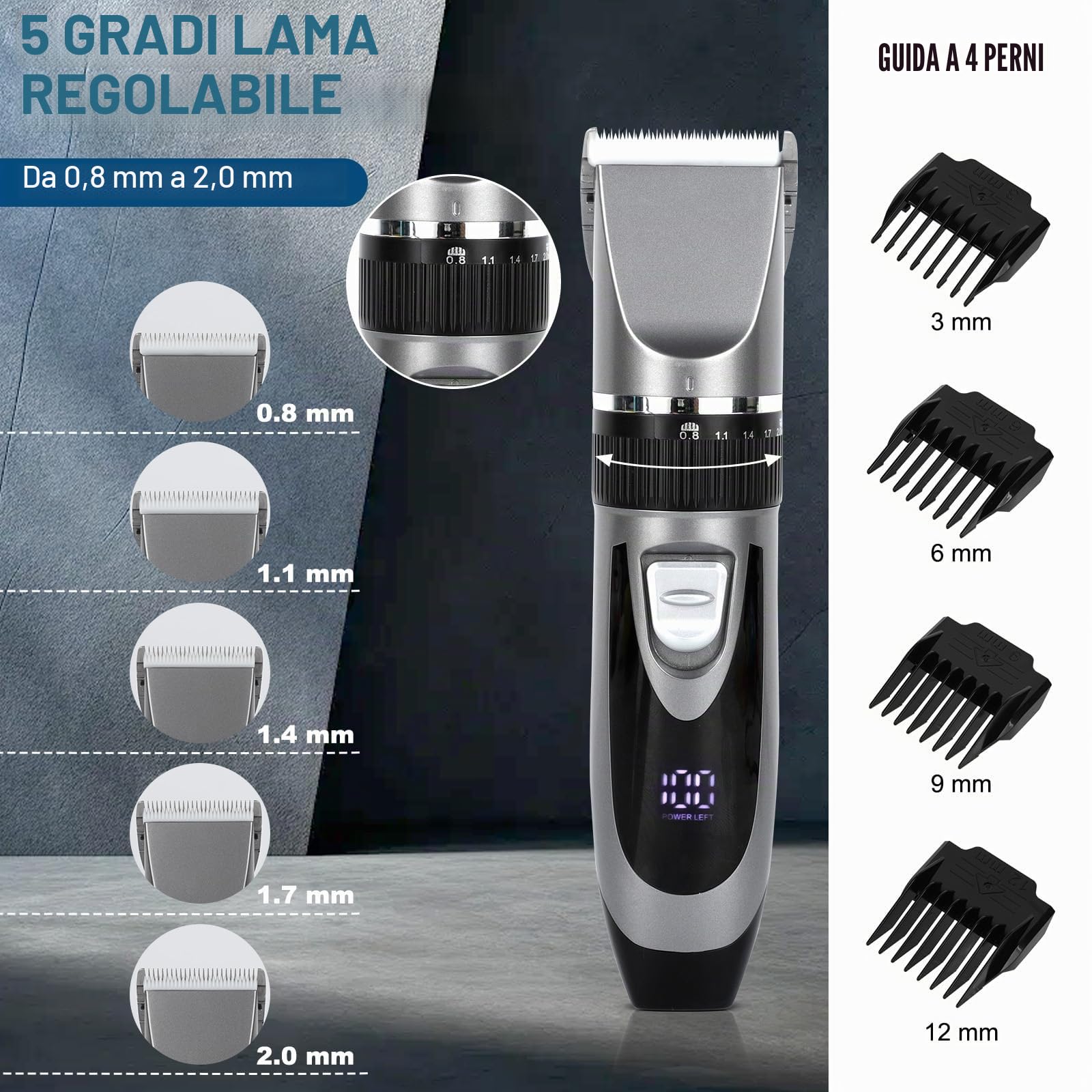 Cozary Rasoio Elettrico Barba, Macchinetta per Capelli, Tagliacapelli Uomo Professionale, Ricarica USB con Display a LED, 4 Pettini Guida, Senza Fili Trimmer, Regolabarba Uomo per Famiglia/Barbiere