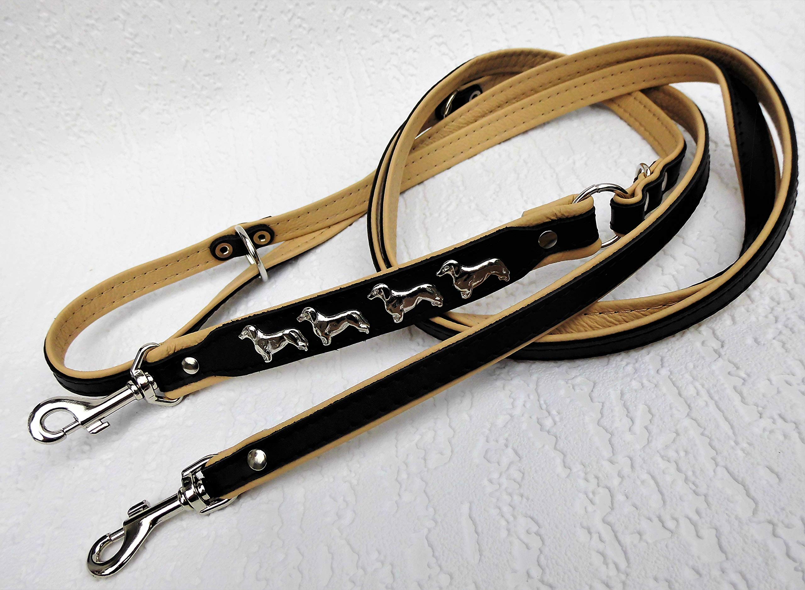 *DACKEL* HUNDELEINE - Leine - 220cm/13mm, Echt Leder, 3xVerstellbar- Schwarz - Rot - Blau - Braun (Schwarz/Beige)