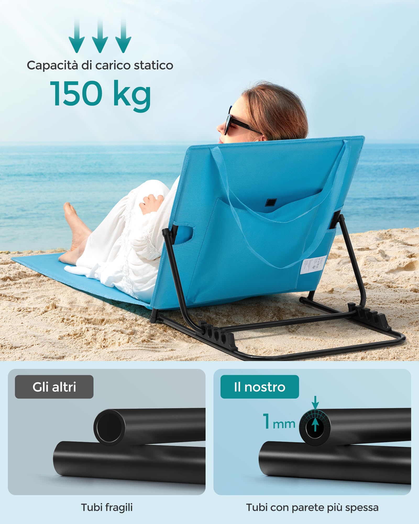 SONGMICS Set di 2 Lettini da Spiaggia, Sedie a Sdraio, Portatile con Manico, 158 x 55 cm, Azzurro Cielo