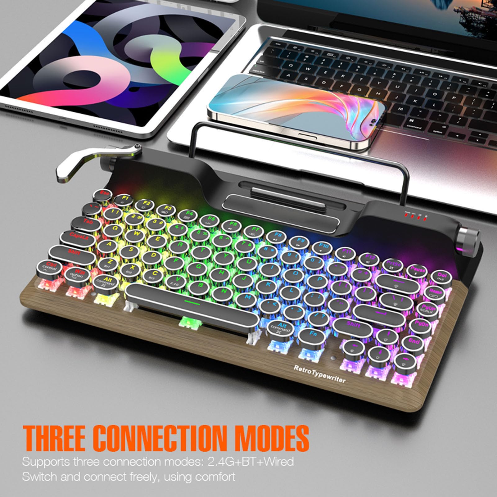 Annadue Bezprzewodowa Klawiatura Retro, Klawiatura Bluetooth 5.0 Vintage z 84 Klawiszami Punkowa Okrągła Keykapa, Podświetlenie RGB, Ergonomiczny Puty