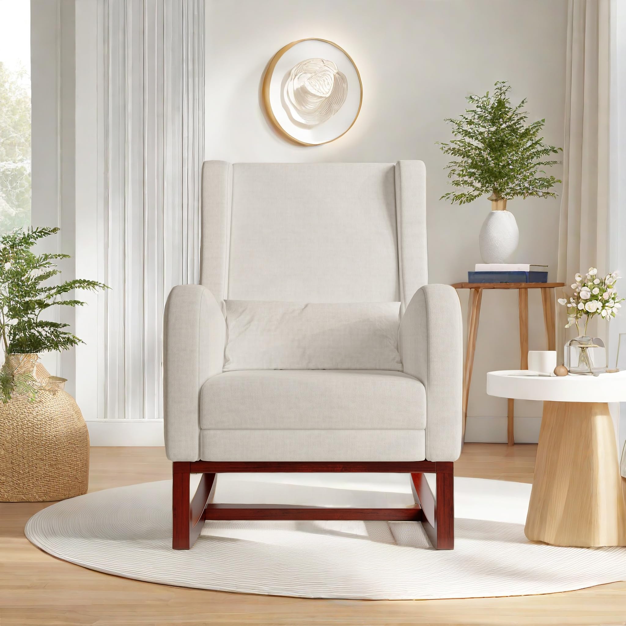 Fauteuil a Bascule, Fauteuil d'allaitement en Velours avec Repose-Pieds, Coussin Lombaire et Poche Latérale, Chaise Allaitement Chambre Bebe Rocking Chair Bois Interieur pour Salon, Chambre à Coucher