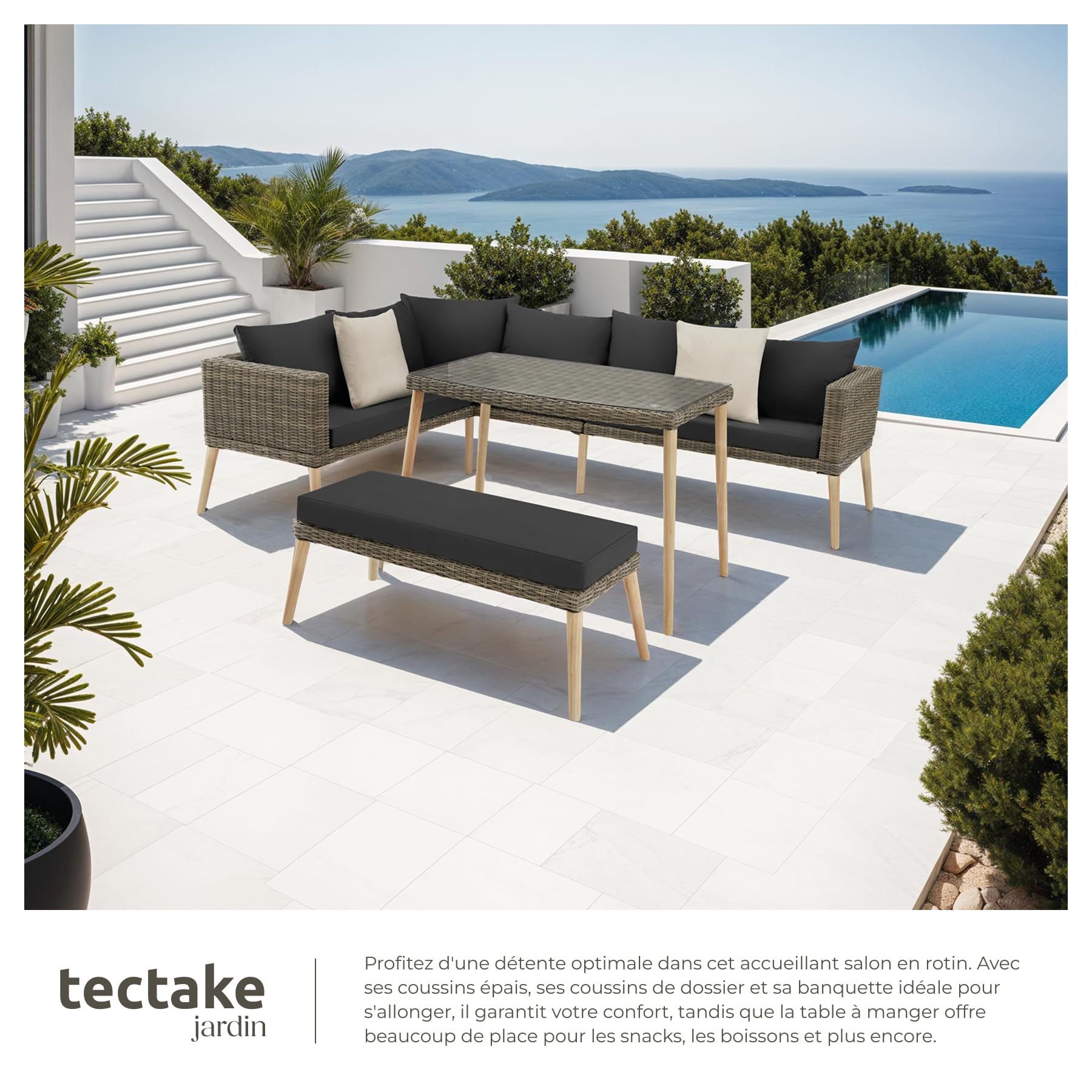 tectake® Ensemble Salon de Jardin Exterieur en Poly Rotin et Aluminium, 4 Places 1 Canapé 1 Banquette Jardin et 1 Table de Jardin, Facile d'entretien, Mobilier pour Amenagement Balcon Terrasse Veranda