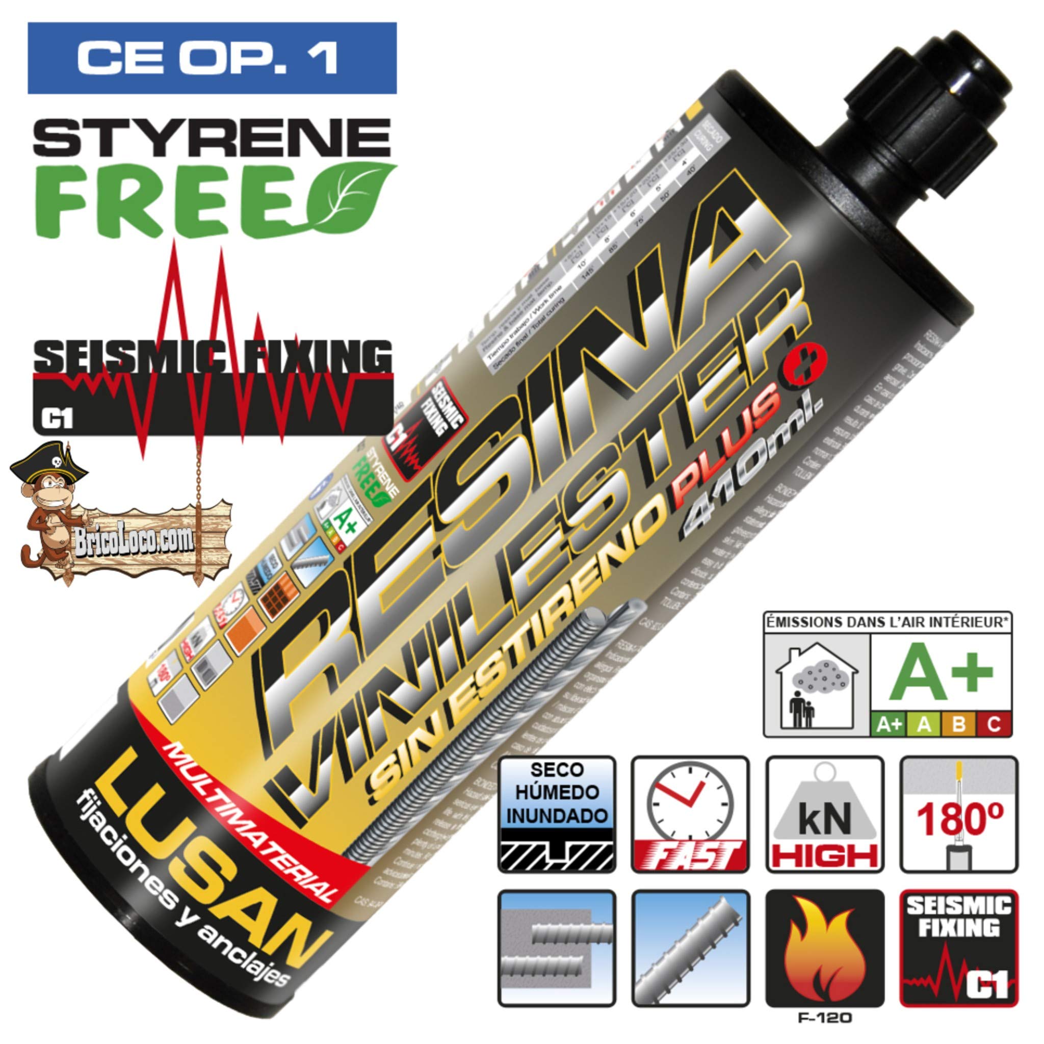 Bricoloco Caja 12 uds. Anclaje Resina Máxima Calidad Vinilester Plus Altas Prestaciones |Taco Químico 410 ML. Sin Estireno |Normativa CE 1020 OP-1 movimientos sísmicos y Resistencia al Fuego (F120)