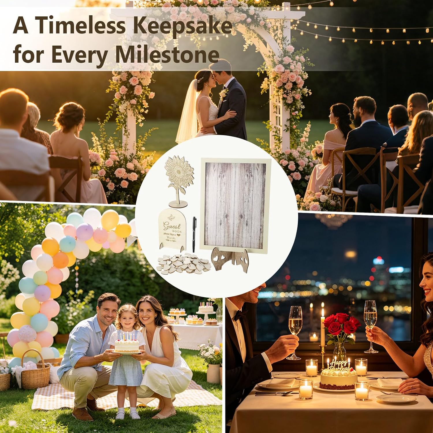 Wedding Guest Book Alternative Set, 15.8 x 11.9 in Wooden Frame Guest Book with Blank Heart Cutouts, Sunflower Decor and Stand, Guestbook for Wedding Reception, Bridal Shower, Anniversary