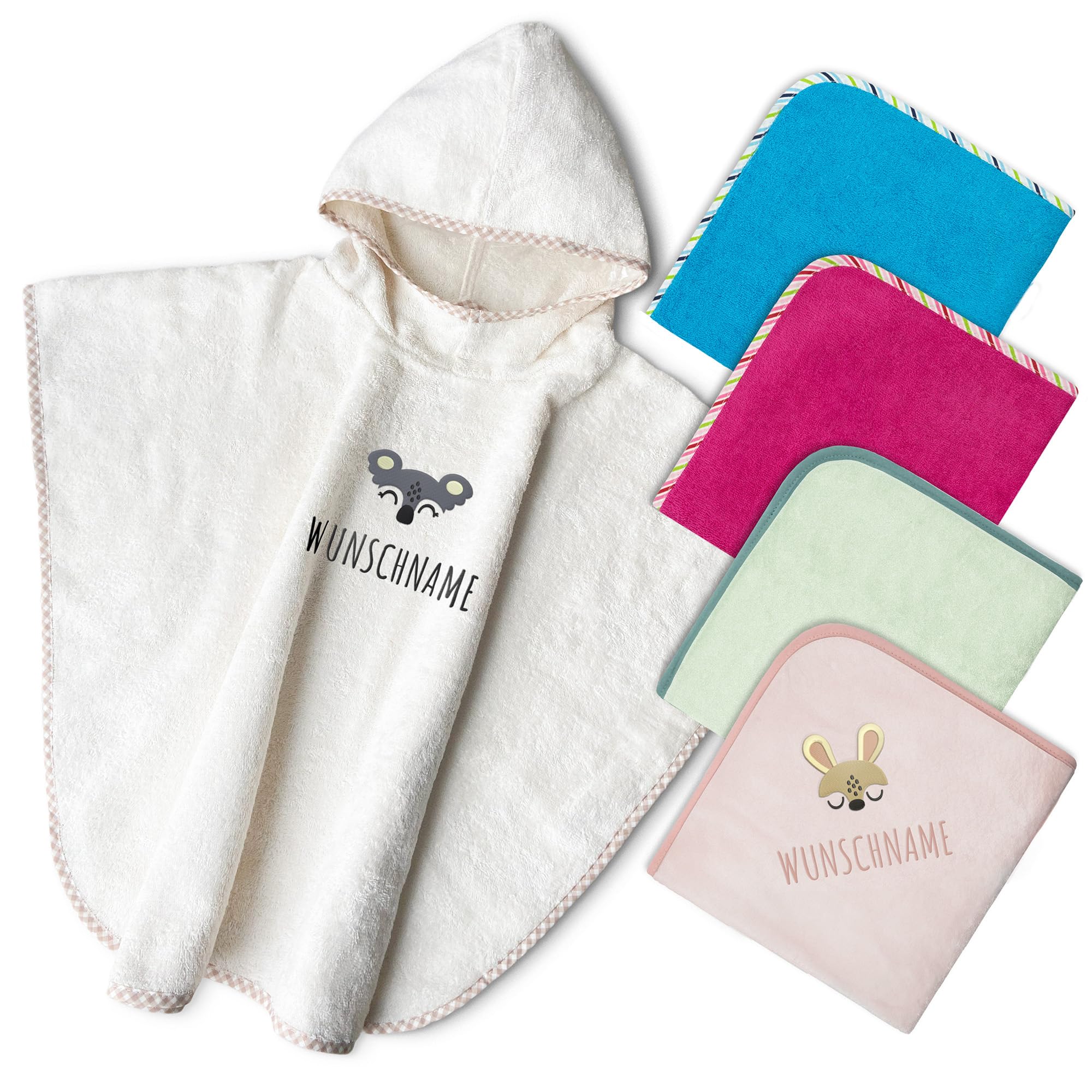 Poncho da bagno per bambini con nome e motivo ricamato, Oeko-TEX® Standard 100 - Asciugamano con cappuccio personalizzato per neonati in pura cotone per un asciugatura delicata (Natura)