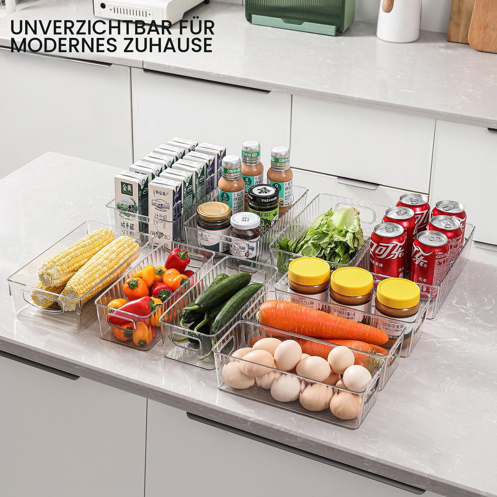 Kühlschrank Organizer 10er Set, Aufbewahrungsbox Küche Organizer für Gefrierschrank, Speisekammer, Bad und Büro, BPA-frei mit integriertem Griff