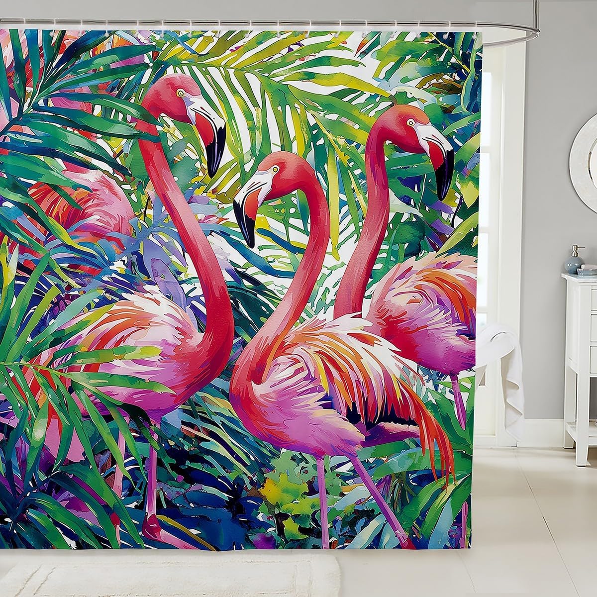 Erosebridal Flamingo Shower Curtain, Tropical Leaves Room Decor Bath Curtain, Palm Tree Pattern Bathroom Shower Curtain, Colorful Bathroom Sets Accessories with Hooks Machine Washable 72" W x 78" L