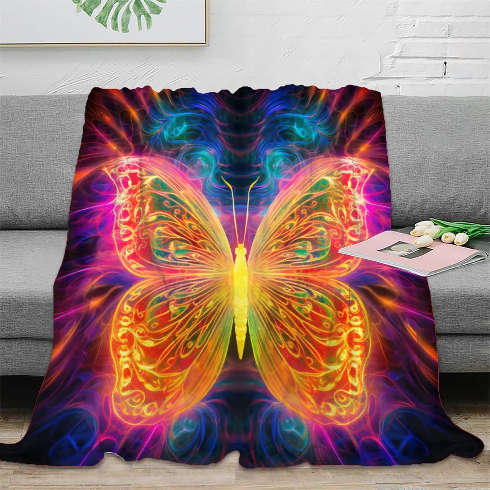 Retro Farfalla neon Coperta in Flanella Con Stampa 3D Peluche Coperte Caldo Morbida Per Ragazzi Adulti Coperta Termica ，per Divano Letto Tutte Le Stagioni 70x80inch(180x200cm)
