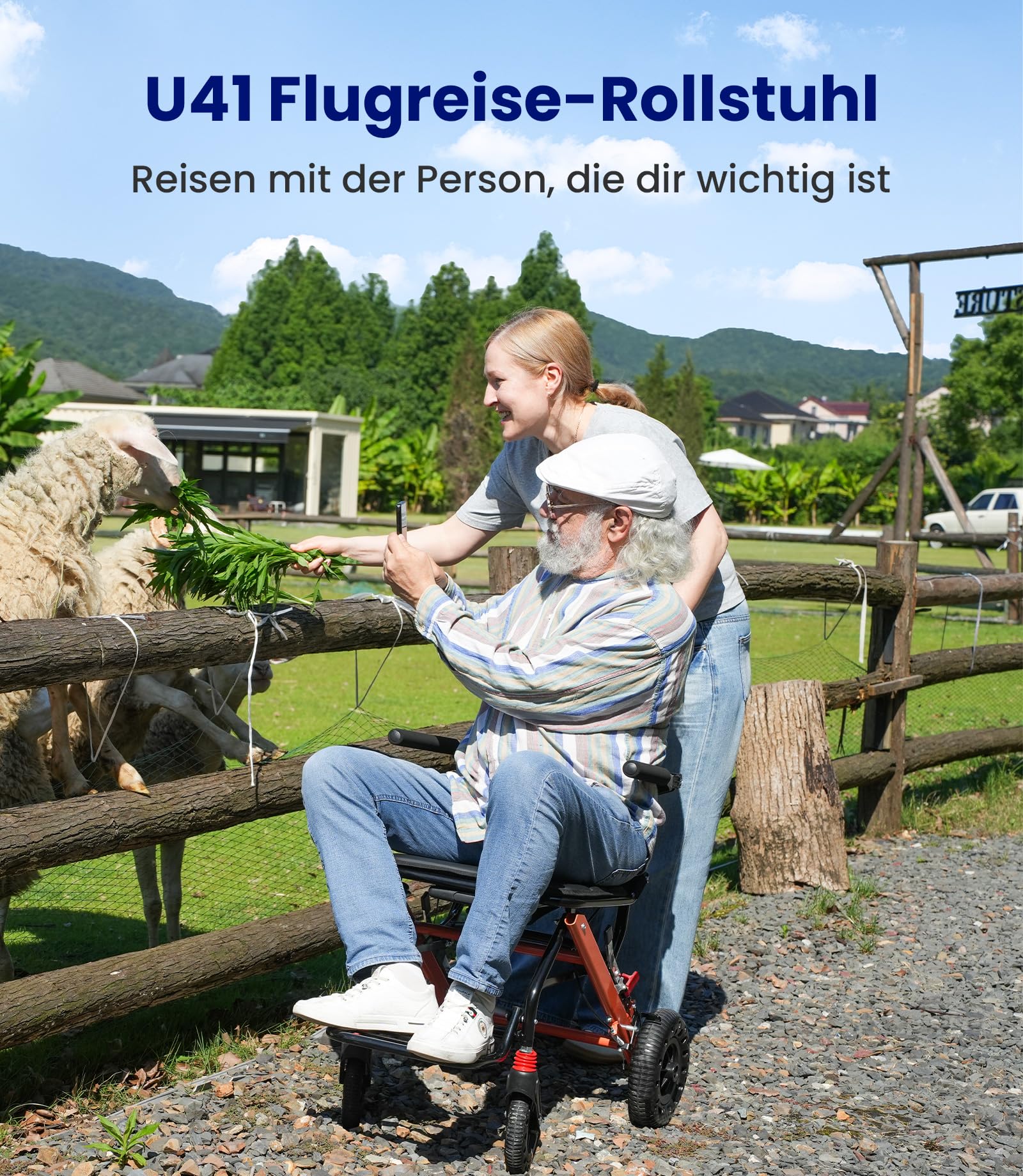 VOCIC U41 Rollstuhl Faltbar Leicht Ultraleichter Reiserollstuhl 8.6KG | Transportrollstühle klappbar,20CM Honeycomb Gelände Reifen,Schmaler Rollstuhl für Wohnung,Aluminium|Orange