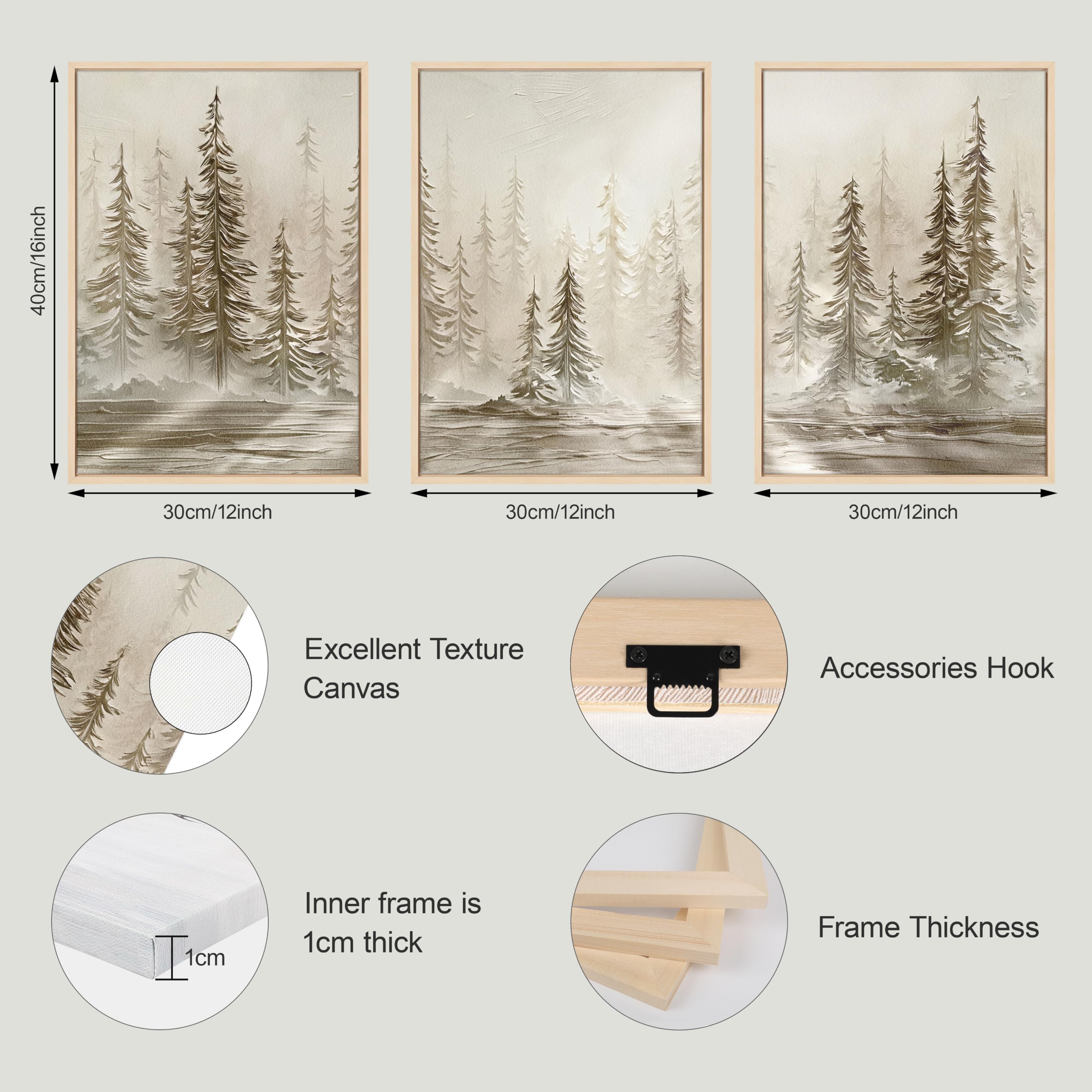 3Pcs Quadri Moderni Neutro Astratto Paesaggio Stampa Su Tela Con Cornice, Nebuloso Sole Pino Foresta Stampe Da Parete Natura Rustico Foresta Quadro Decor per Soggiorno Camera da Letto Cucina 30x40cmx3