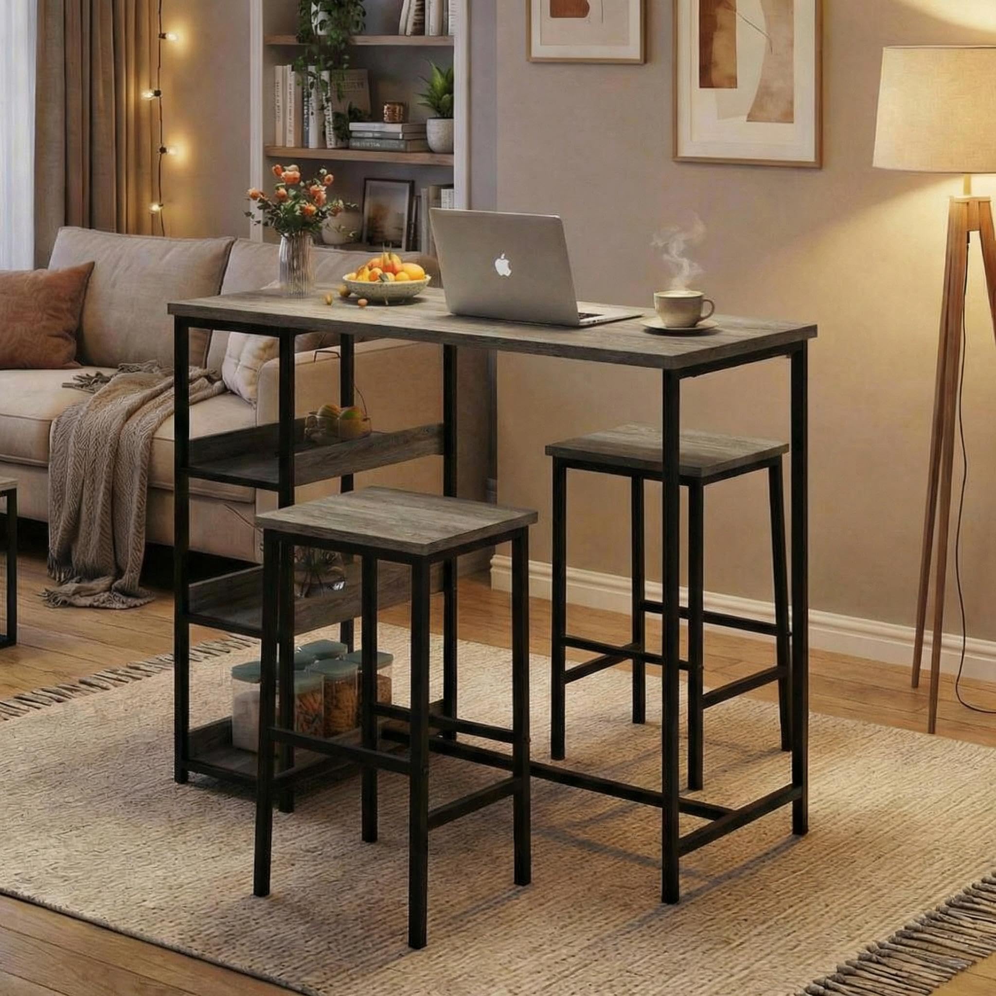 Garvee Bar Tisch Und Stühle Set, Rechteckiger Pub Tisch Mit 2 Hockern Für Kleinen Platz, High Top Tisch, 3-Teilige Frühstück Hocker Set, Robuster Metallrahmen, Einfach Zu Montieren,Grau