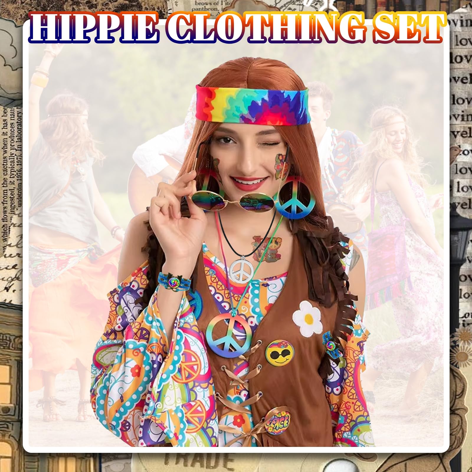 UxClishe 5 Pcs Hippie Accessories for Men 70s Disco Style 60s Outfit 80s Fancy Dress with Hippie Wig Sunglasses Hippie Fancy Dress Kit for Party Supplies (Tie Dye Style) - Image 4