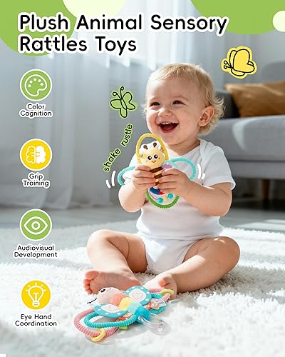 Miniatura 2 de Jollybaby Sonajeros suaves y anillos de peluche para recién nacido de 0-3-6-12 meses, juguetes sensoriales para el desarrollo de la mano para bebés