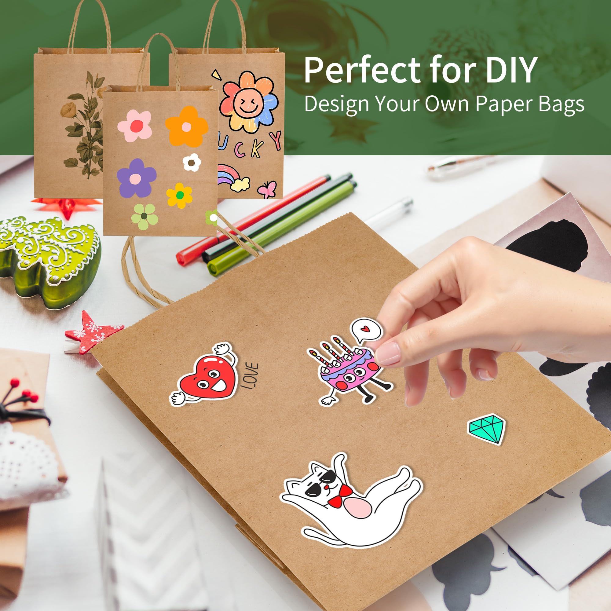 Lot de 60 sacs en papier kraft marron avec poignées, 21 x 11 x 27 cm, sacs cadeaux en papier kraft résistants pour courses, à emporter, shopping, vente au détail, entreprise, mariage, fête