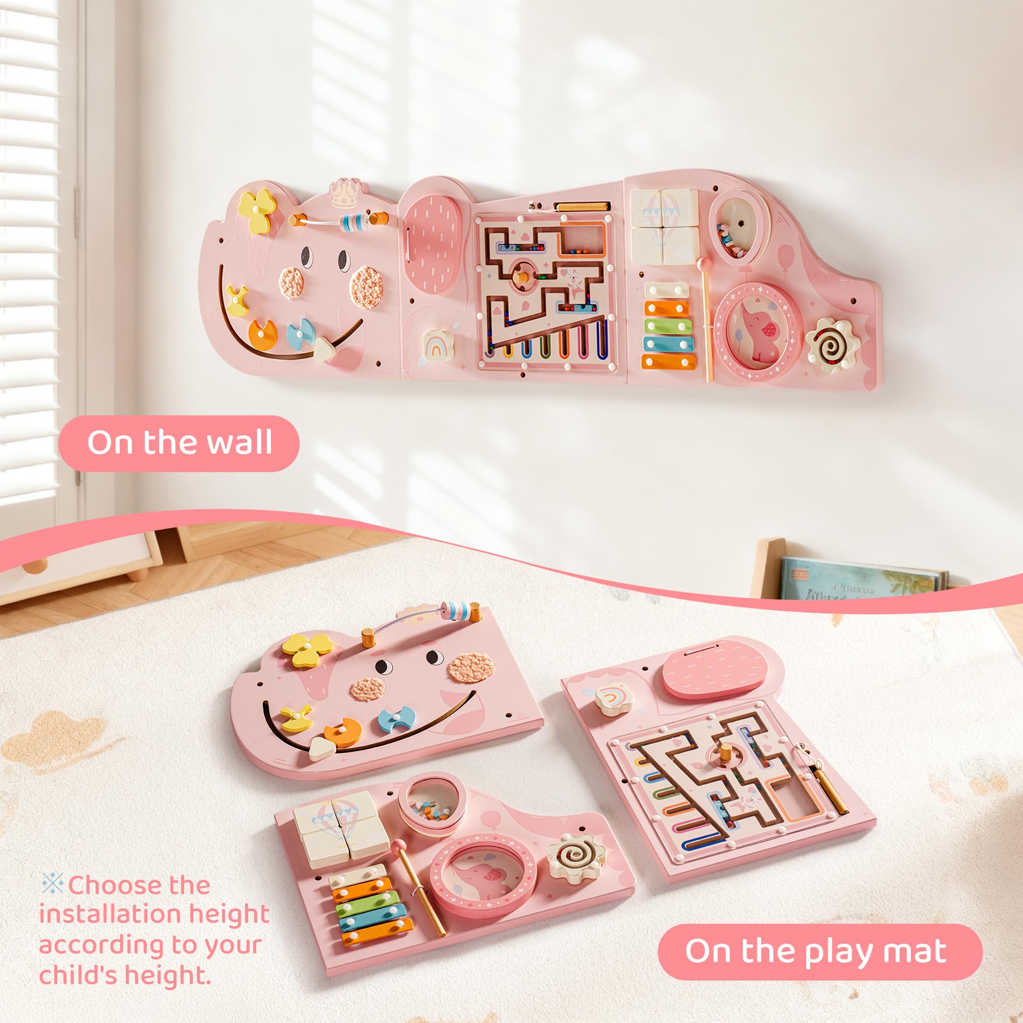 Montessori Tavola Motorizzata in Legno 11 in 1 Busy Board Giocattolo da Parete per Bambini 18 Mesi Rosa