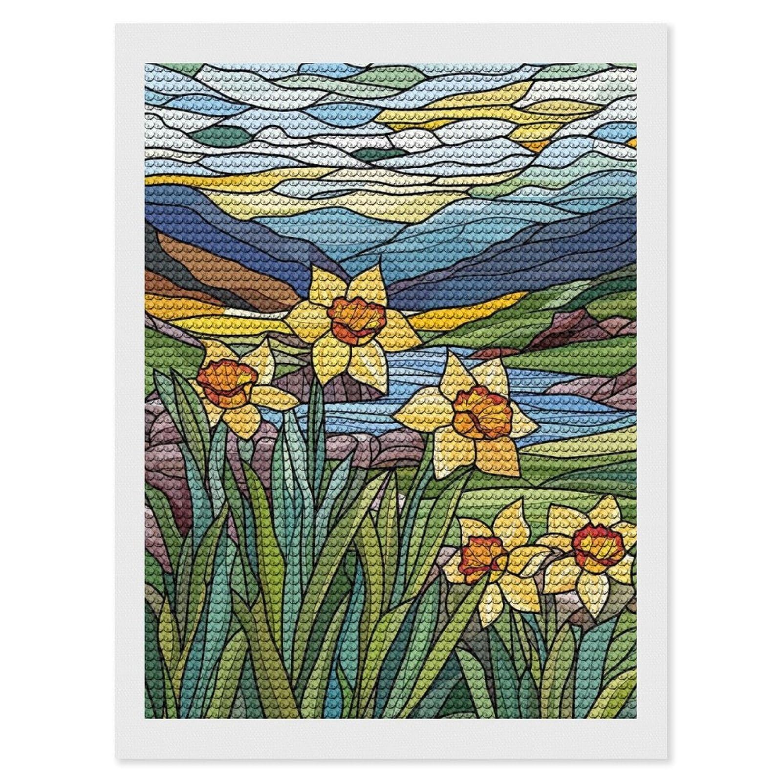 Junmoney Stained Glass Daffodils Diamond Painting Canvas Kit 12"x16", Adhesive Canvas, Christmas Gift, Full Kit Included, Thoughtful Present
