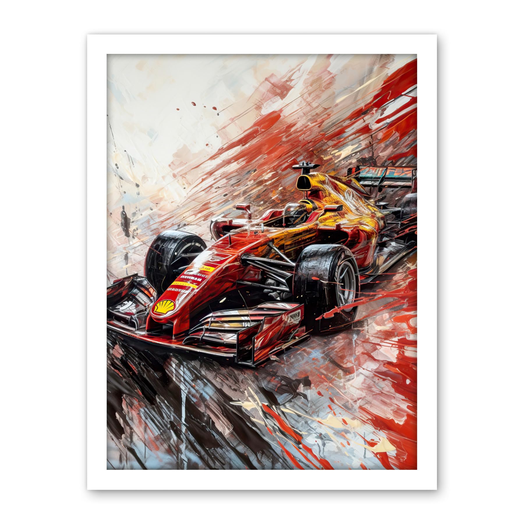 Artery8 Grand Prix Red Race Car Action Shot Paint Splat Artwork Framed Wall Art Print 18X24 Inch