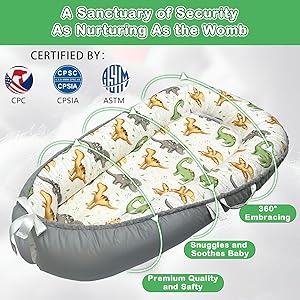 Baby Lounger for Newborn, Baby Nest Cover Breathable and Soft Cotton, Infant Lounger with U-Shaped Safety Bumper for Cozy Comfort Essentials (Dinosuars)