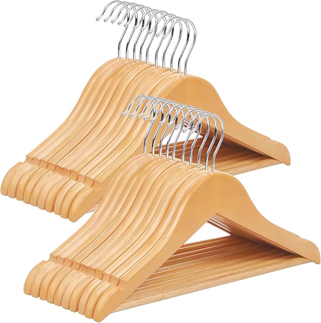 SONGMICS Wood Childrens Hangers, 20-Pack Kids Clothes Hangers, with Trousers Bar, Shoulder Notches, 360 Degree Swivel Hooks, 35 x 1.2 x 20 cm, Natural CRW006-20