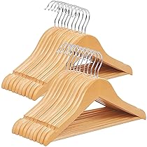 SONGMICS Set di 20 Grucce Bambini in Legno Massello, Grucce per Bambini, con Barra Appendiabiti, Scanalature, Gancio Girevole a 360°, Lunghezza di 35 cm, Naturale e Argento CRW006-20