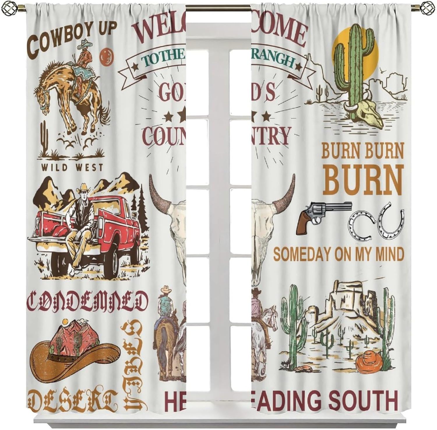 Cowboy Blackout Curtain,Rustic Western Riding Horse Cactus Truck Skulls West Desrt Curtains for Dining Room Living Room Kitchen Cafe Bedroom Office Drapes,42x45 in