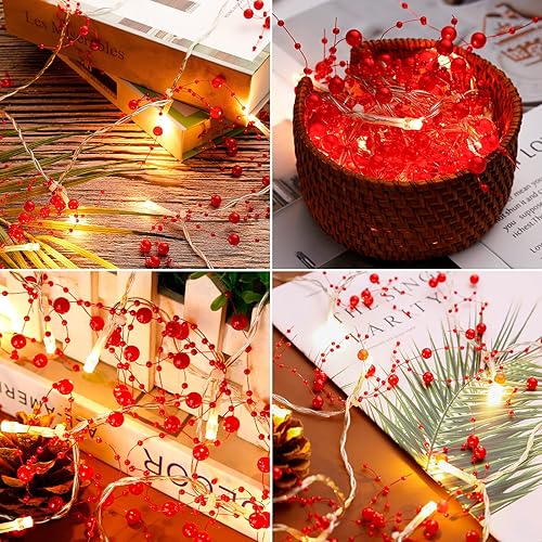 Miniatura 7 de VERY100 Guirnalda de Navidad con luces de 8.3 pies, guirnalda de cuentas de bayas iluminada, decoración de Navidad para interiores, hogar, chimenea,