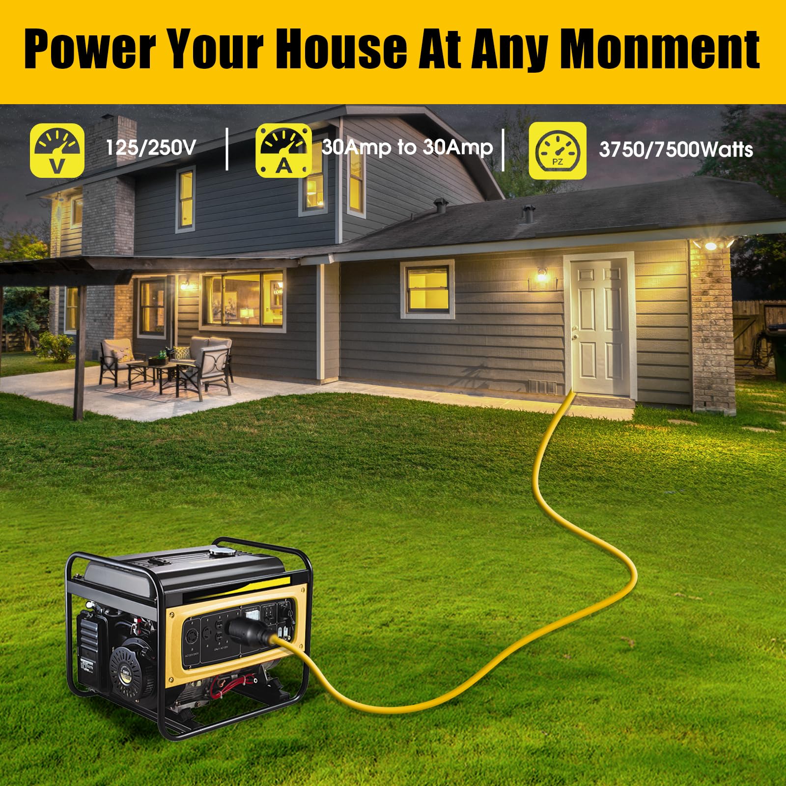 Przedłużacz generatora 30 A, 4 bolce, 125/250 V, do 7500 W, NEMA L14-30P do L14-30R, 10 Gauge, SJTW, przewód blokujący moc generatora do ręcznego przełącznika transferu i przenośnych