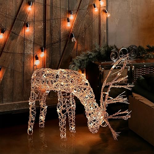 Alpine Corporation 24" Tall Outdoor Rattan Grazing Reindeer Lawn Decoration