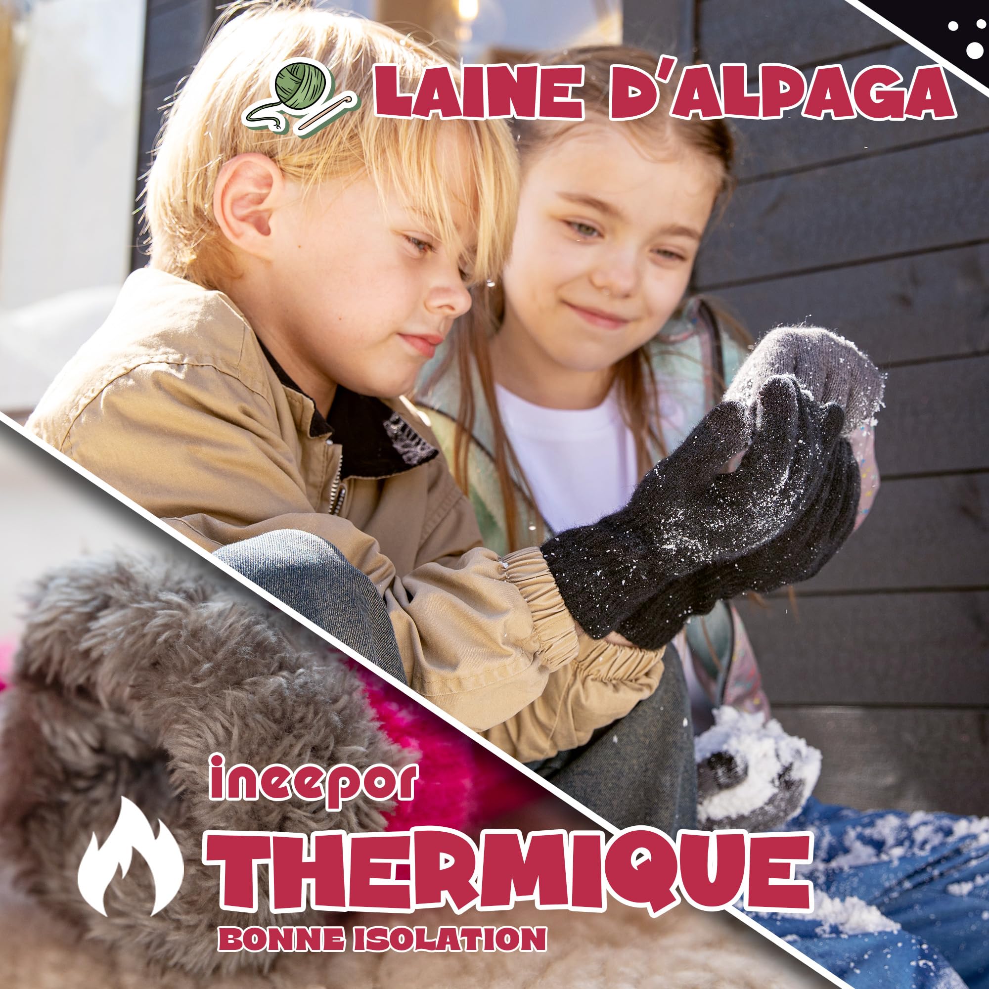 ineepor Gants Hiver Enfant en Alpaga Double Couche Gants Chaud Enfant avec Doublure Polaire Isolante et Chaude pour Garçons et Filles 3-12 Ans