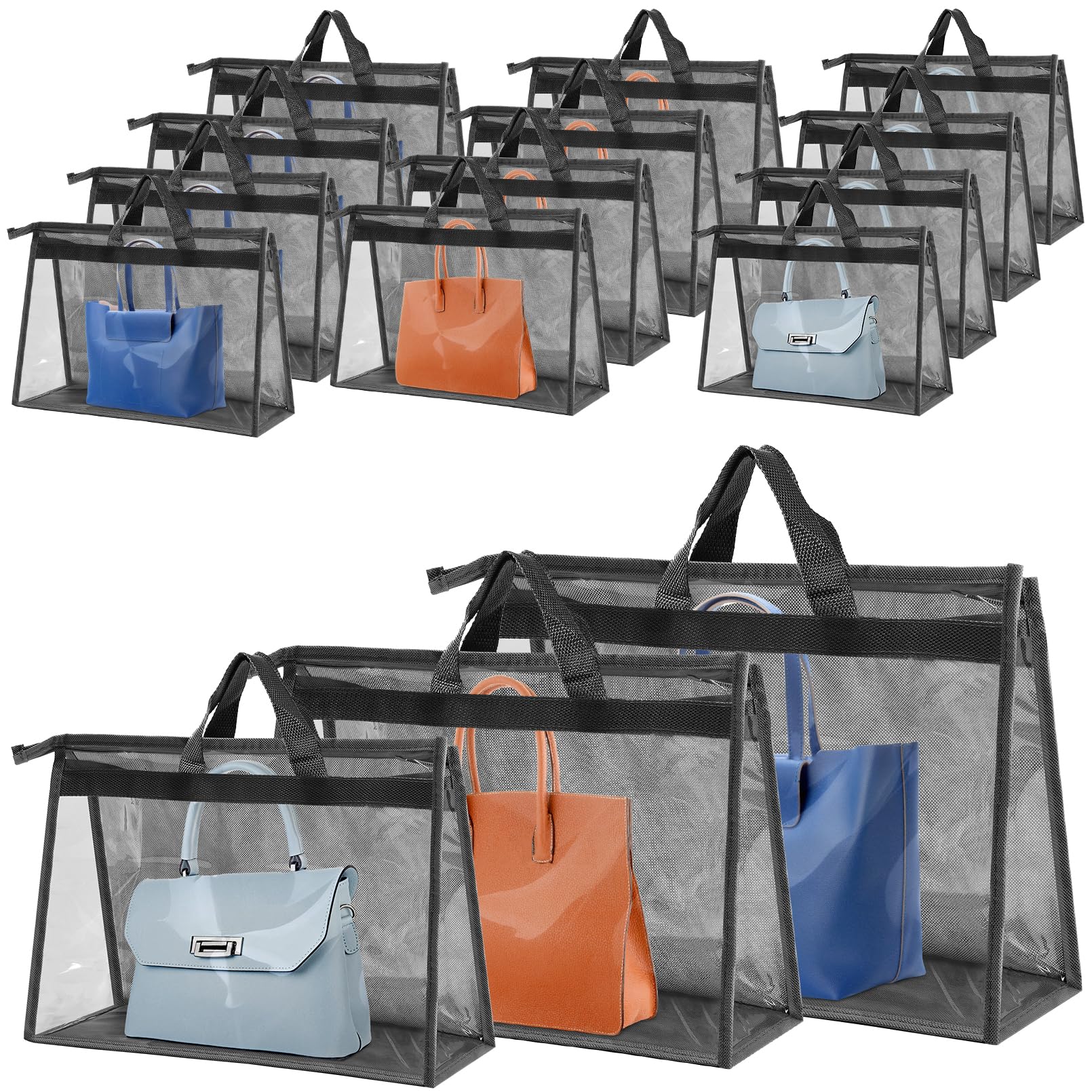 Incisite Transparent 12 Pcs Dust Bags For Handbags,Purse Protector Storage Bag,Purse Cover Hanging Closet Organizer With Zipper Handle,Clear Handbag Storage Organizer For Closet,3 Assorted Sizes(Gray)
