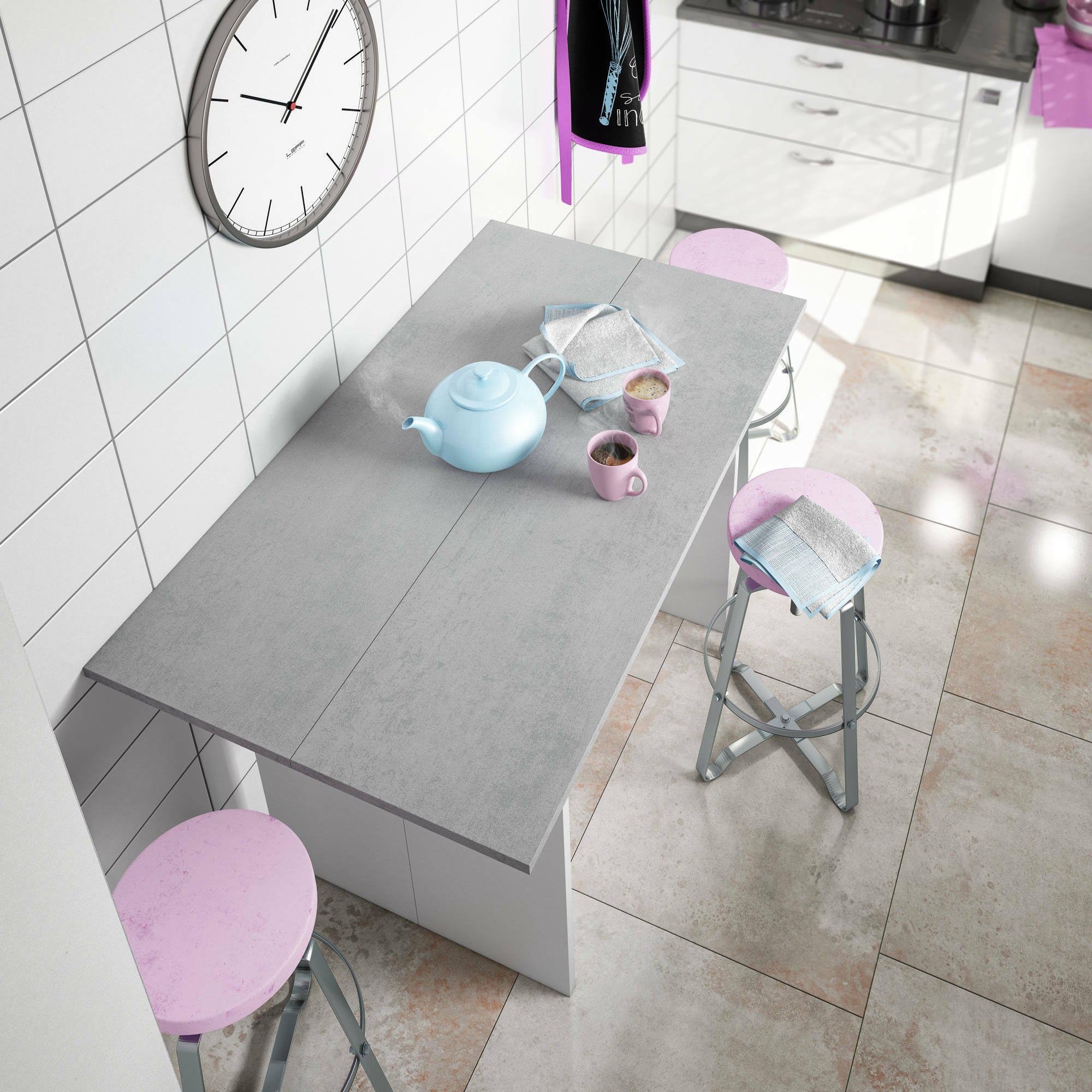Dmora Tavolo Allungabile Salvaspazio Garland in Legno, 2-4 Posti con apertura a libro e vano contenitore, Per cucina, 35/70h77 cm Bianco Cemento