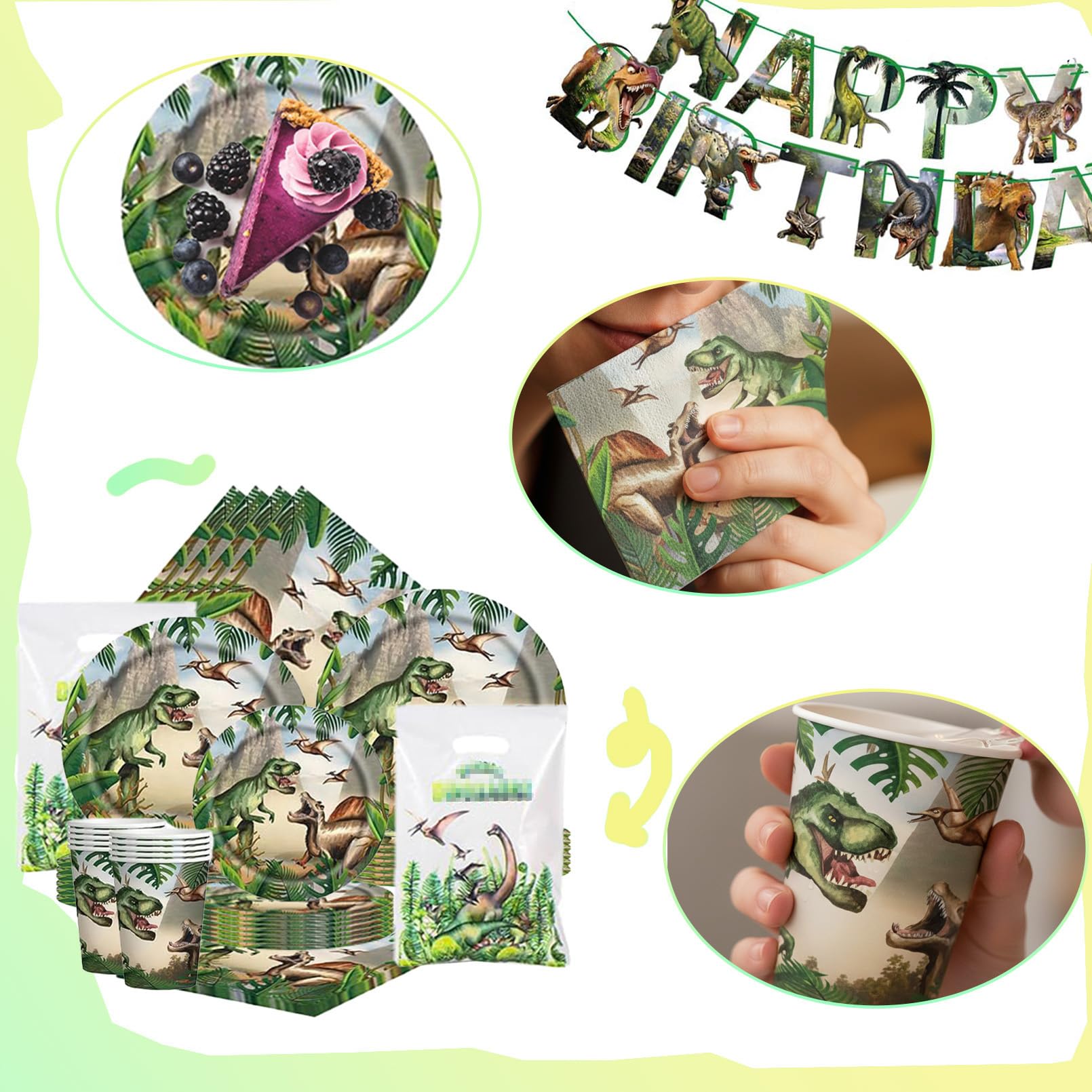 102 Pezzi Dinosauri Stoviglie per Feste di Compleanno，Dinosauri Addobbi Compleanno，Tovaglia，Piatti Carta，Sacchetto regalo，Striscione，Adatto a 20 persone