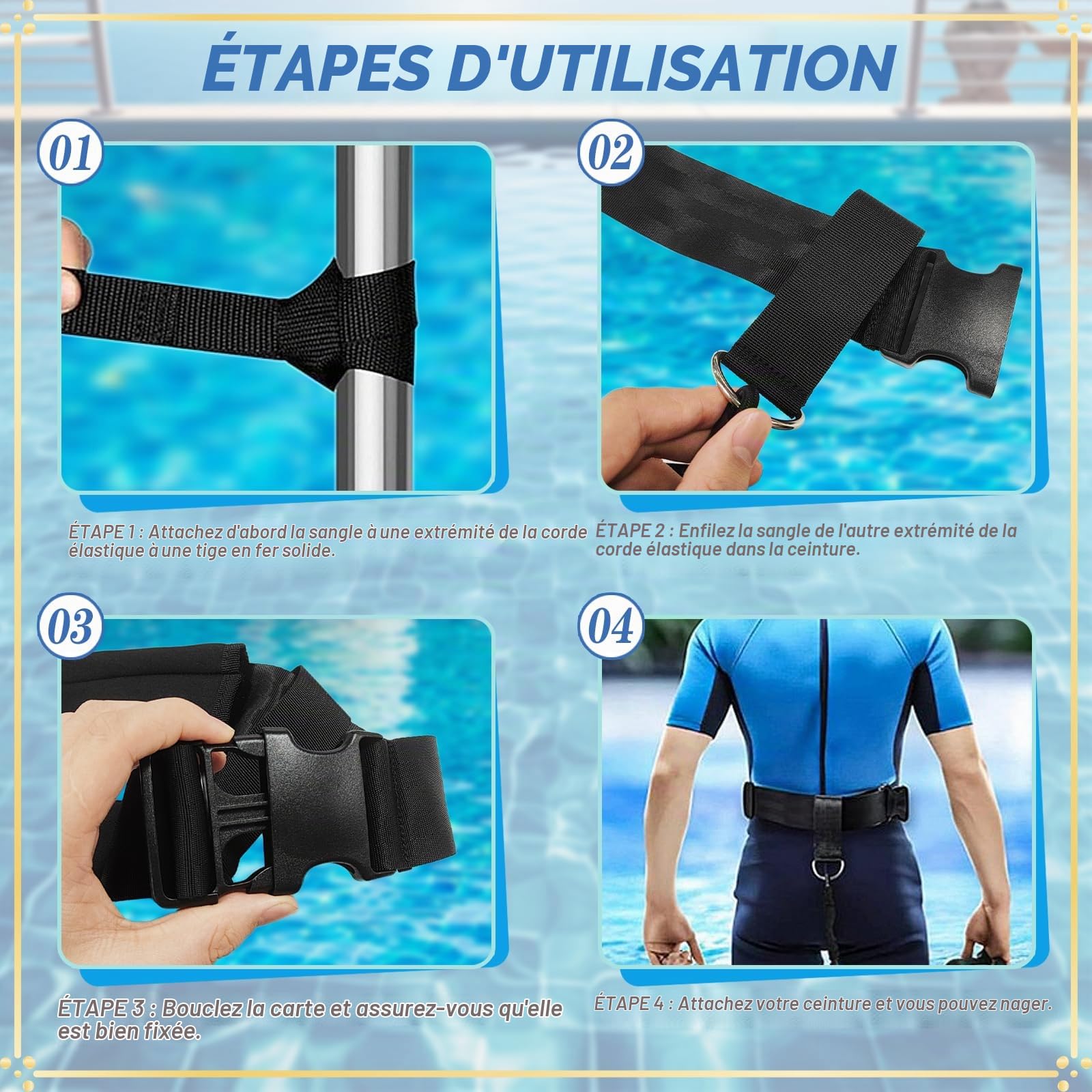 Ceinture de Natation pour Piscine, SilverChry 2.5~7.5M élastique pour Nage Piscine, Sangle Natation Piscine, élastique Résistance Natation, pour l'entraînement à la Résistance, la Vitesse