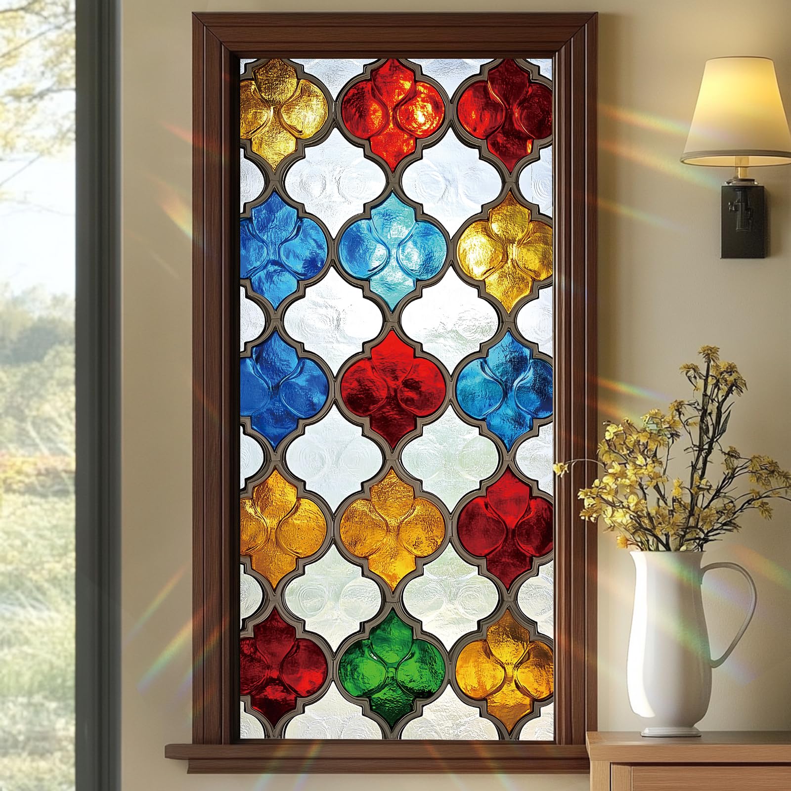 Colorful Mosaic Window Film 17.7 x 39.3 Inch Moroccan Stained Glass Static Cling Privacy Window Sticker No Glue Removable Decorative Glass Film for Home Bathroom Office Door