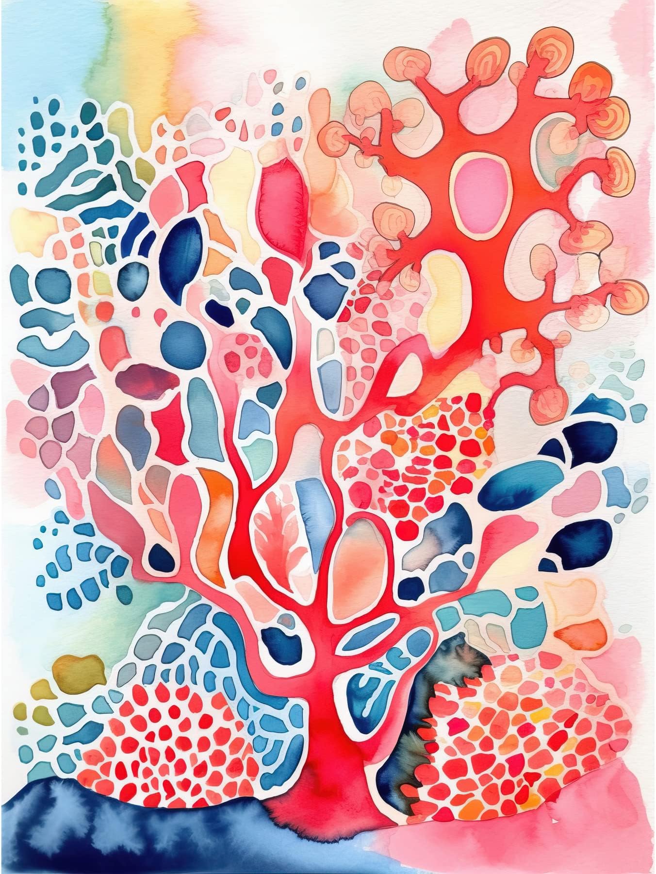 Pink And Blue Coral Folk Art Watercolour Painting Unframed Wall Art Print Poster Home Decor Premium