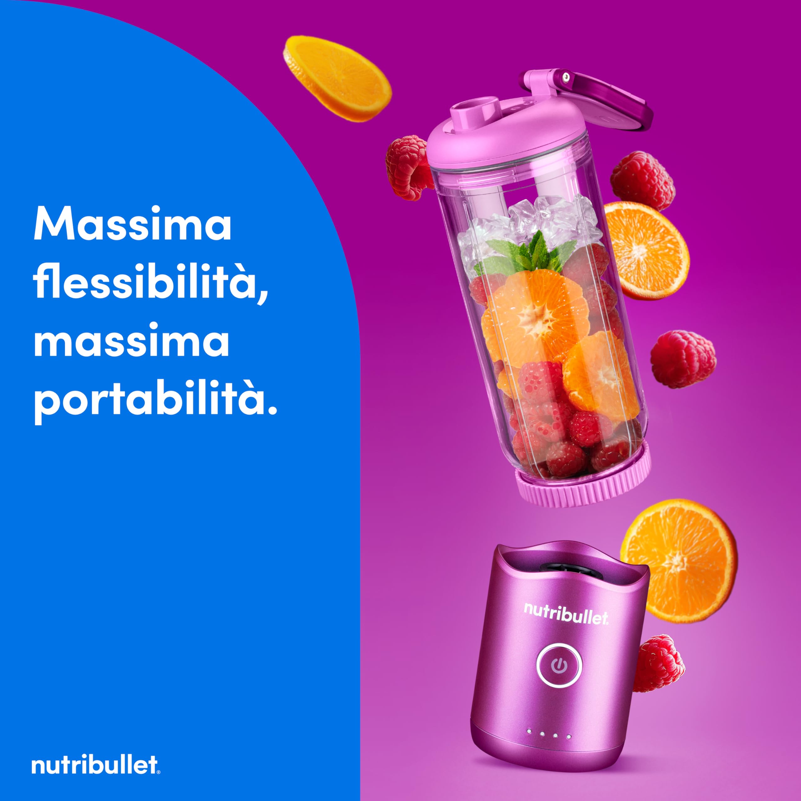nutribullet Flex 590ml Mini Frullatore Portatile senza fili, Ricaricabile, con Manico e Tappo a Beccuccio, Tritatutto, per Smoothies e Frullati, Trita Ghiaccio e Frutta Congelata, Viola (NBP013VT)