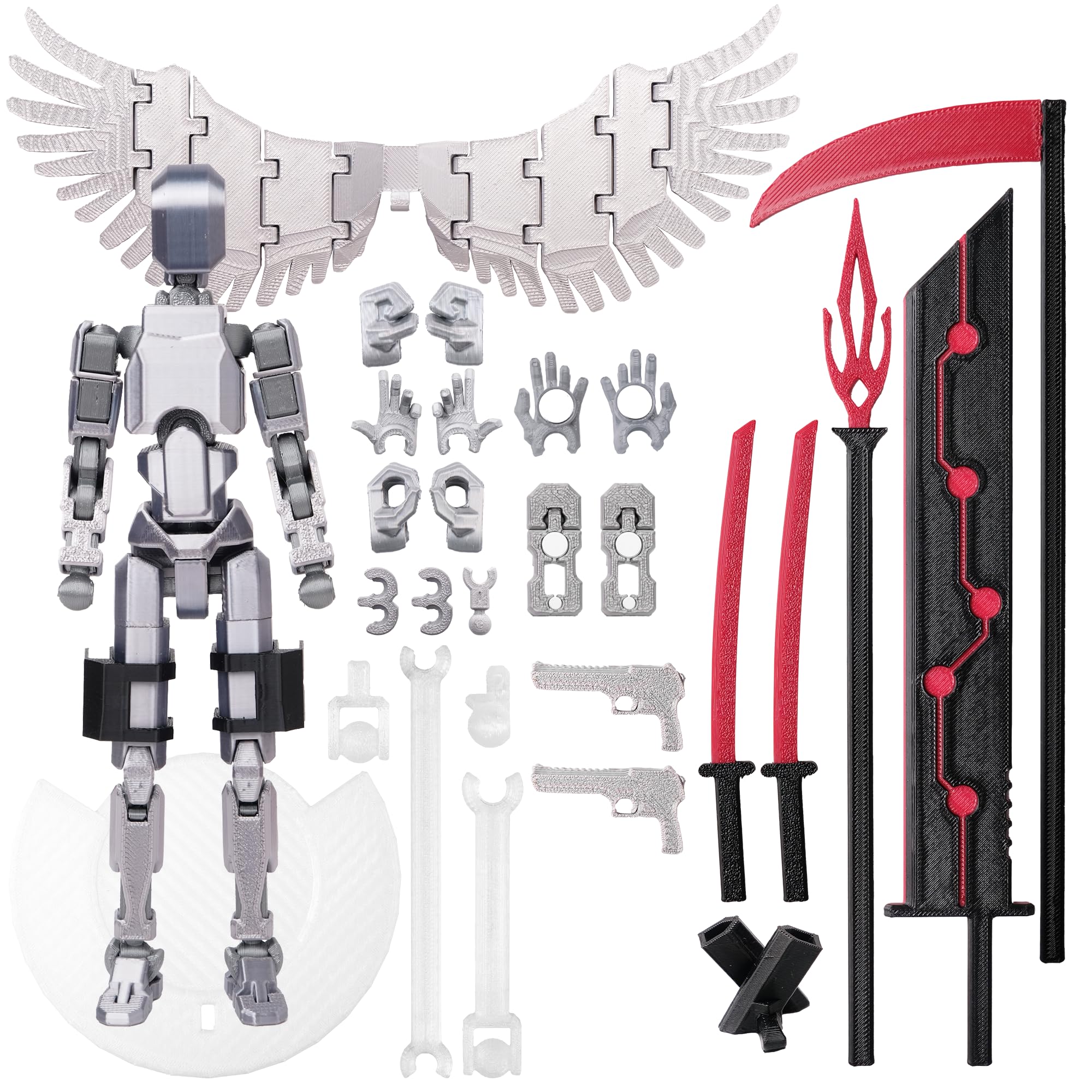 (Assembly Completed Dummy 20 Action Figure, 8.1 inches， Strong Magnetic Accessories， 8 Types of Weapons 3D Printed Robot Multi-Jointed Movable, Spider Ninja Series (Bright Silver)