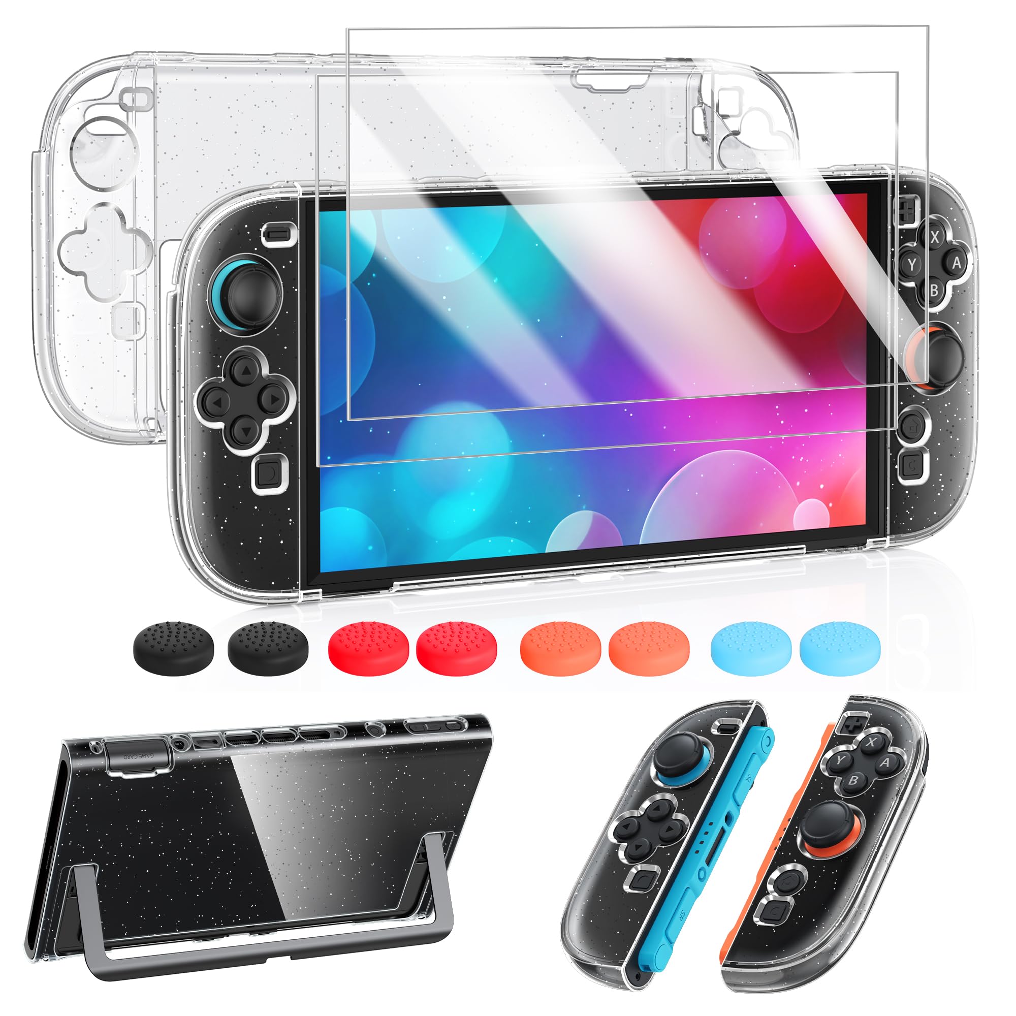 FYOUNG Transparent Glitter Protective Case for Nintendo Switch 2 2025, Slim Hard Shell for Switch 2 Accessories, Scratch&Shock Protection Cover with Screen Protector, 8 Thumb Grip(Not Dockable)