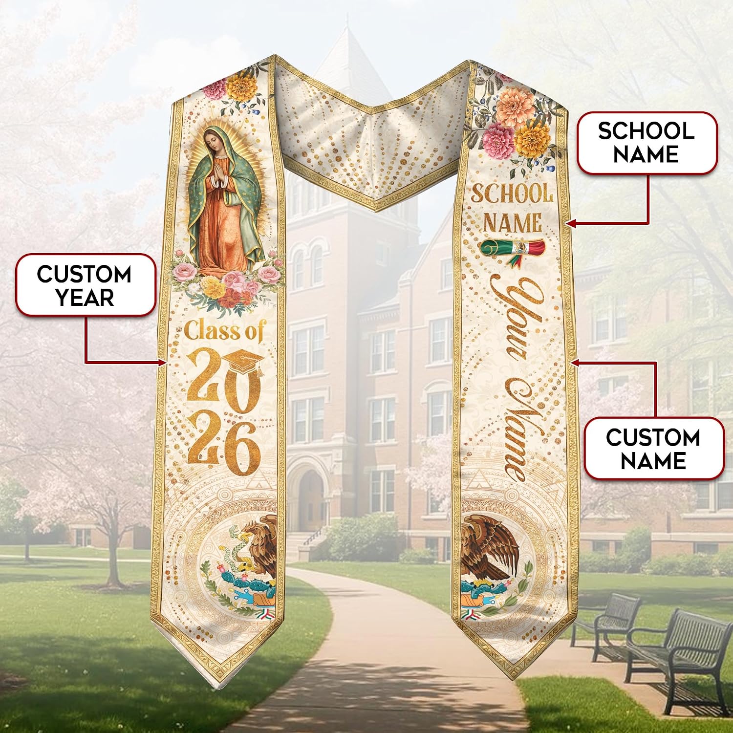 Custom Mexican Graduation Sash, Cross Graduate Stole, Class of 2026, Graduation Sash Mexico