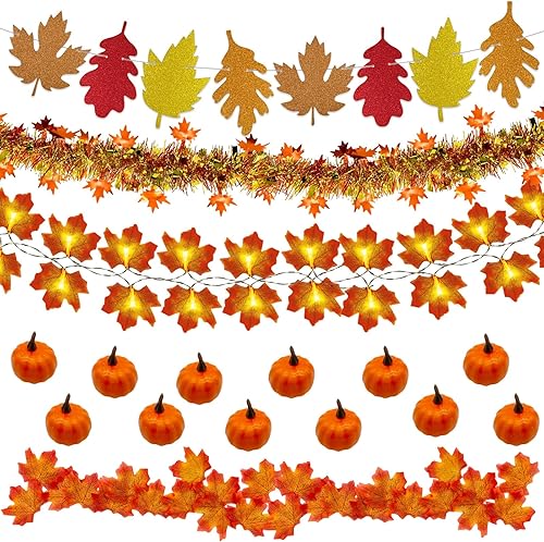 Decoraciones de otoño, guirnalda de oropel con purpurina de 33 pies, 40 luces LED de hojas de arce, hojas de arce artificiales para boda, calabaza,