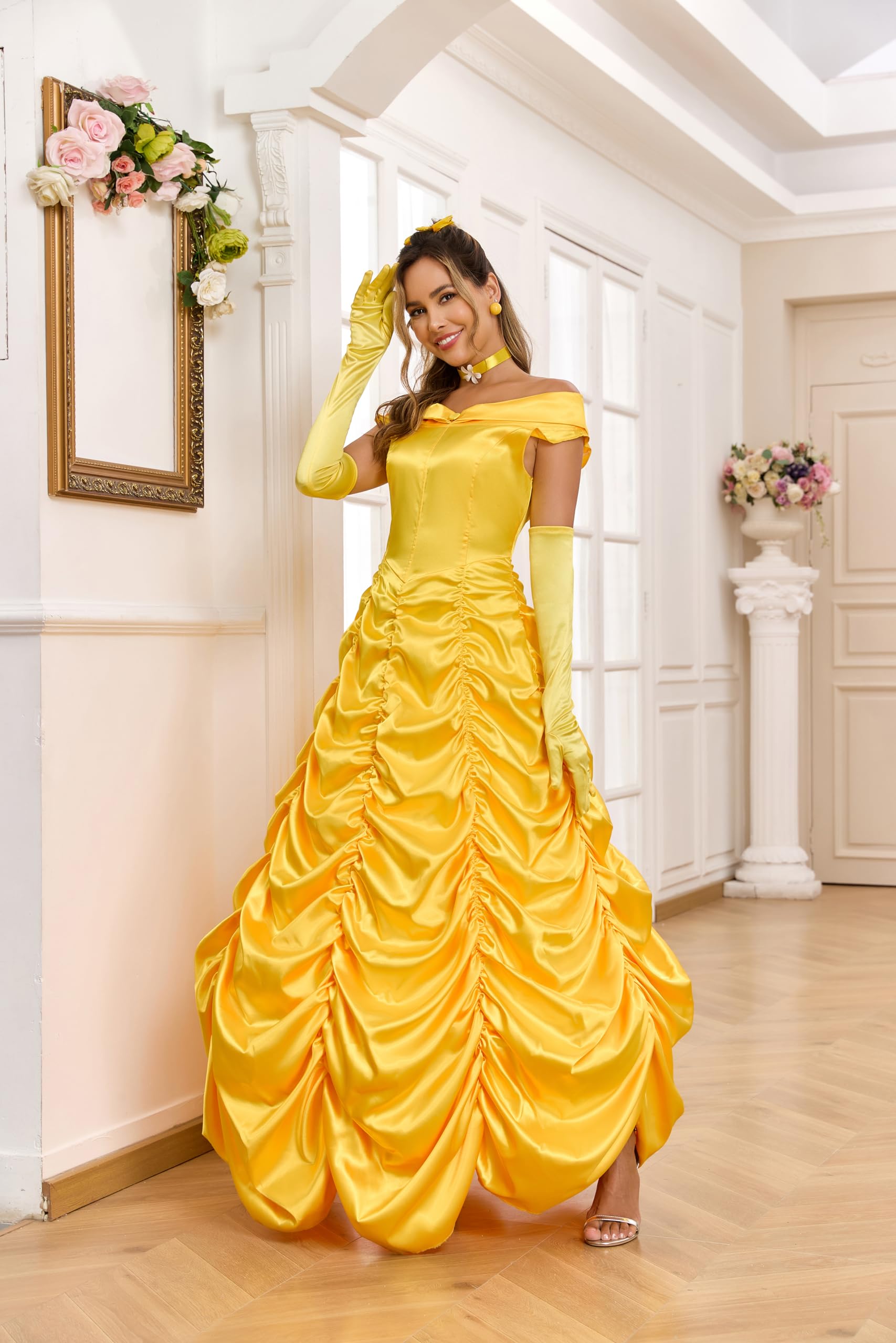 AYYOHON Princess Belle Costume Women Beauty Fairytale Long Dress Gown Off Shoulder Yellow Party Dress Red Rose Earrings Set XS - Image 3