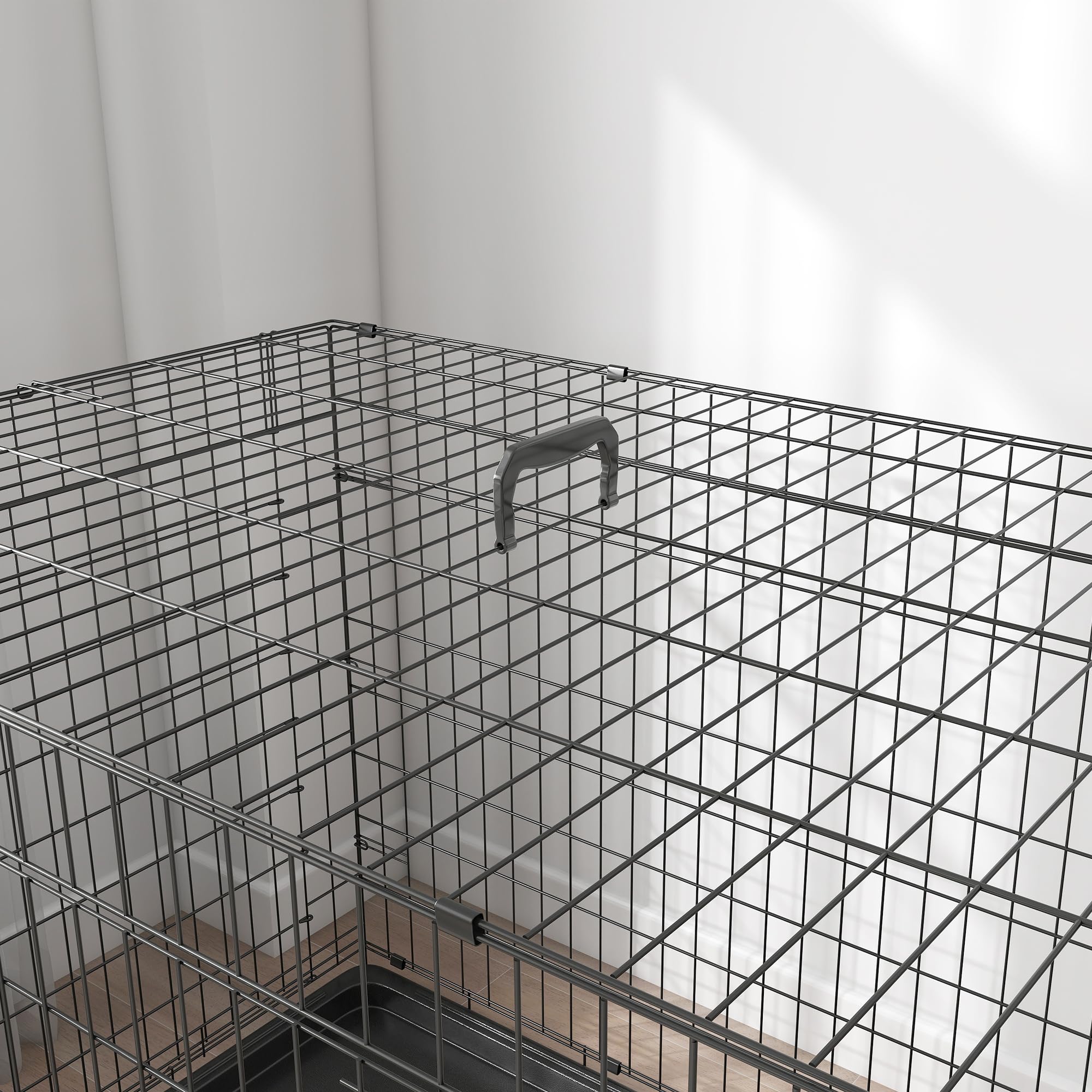 PawHut Gabbia Trasportino per Animali Domestici Pieghevole in Acciaio Doppia Porta 122 × 77 × 82cm Nero | Gabbia per Cani da Interno, Maniglia Superiore, Doppia Apertura