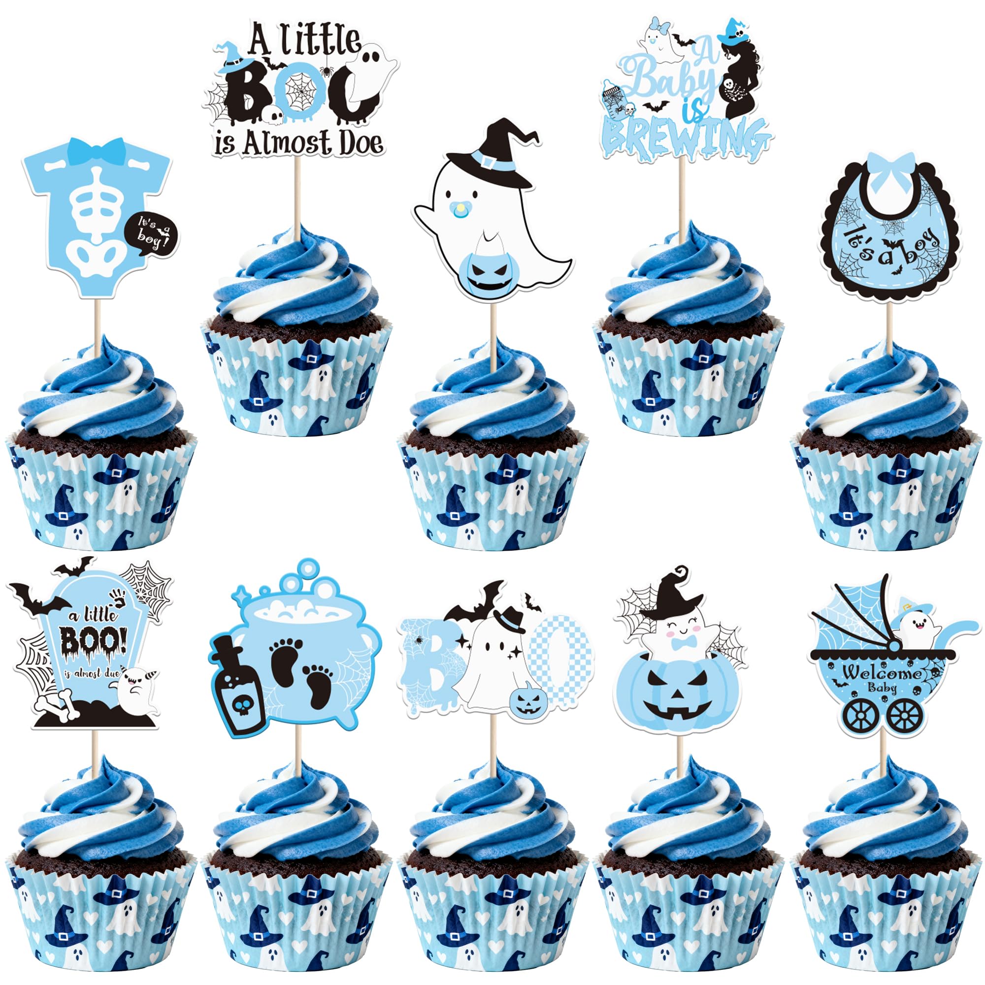 40 Pack Baby Shower Halloween Cupcake Toppers Ghost Bat A Baby is Brewing Cupcake Picks A Little Boo is Almost Doe It's a Boy Cake Decorations for Halloween Theme Boys Birthday Party Supplies Blue