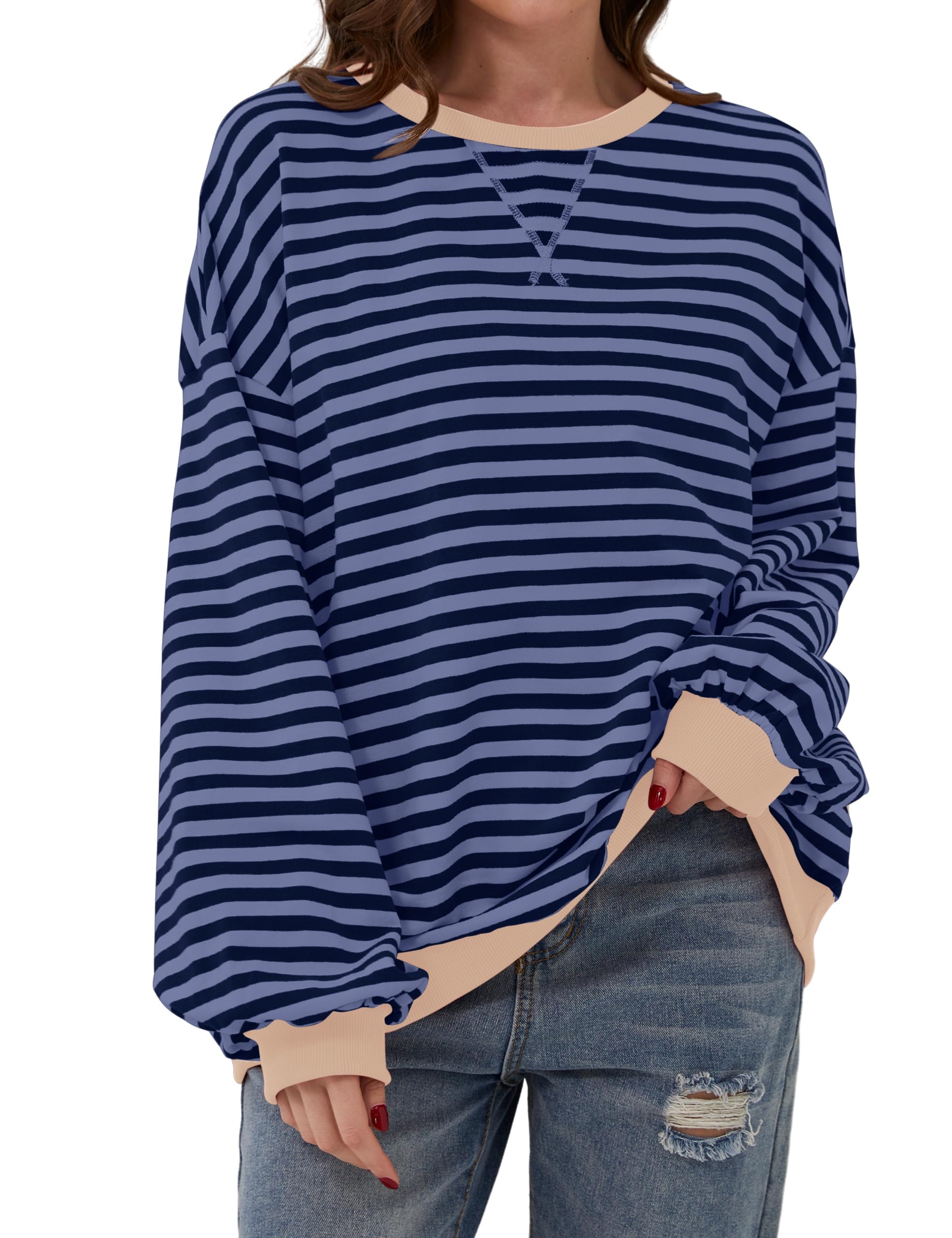 Chicrise Felpa Donna Oversize A Righe Maglia Maniche Lunghe Scollo Rotondo Pullover Autunno Casual