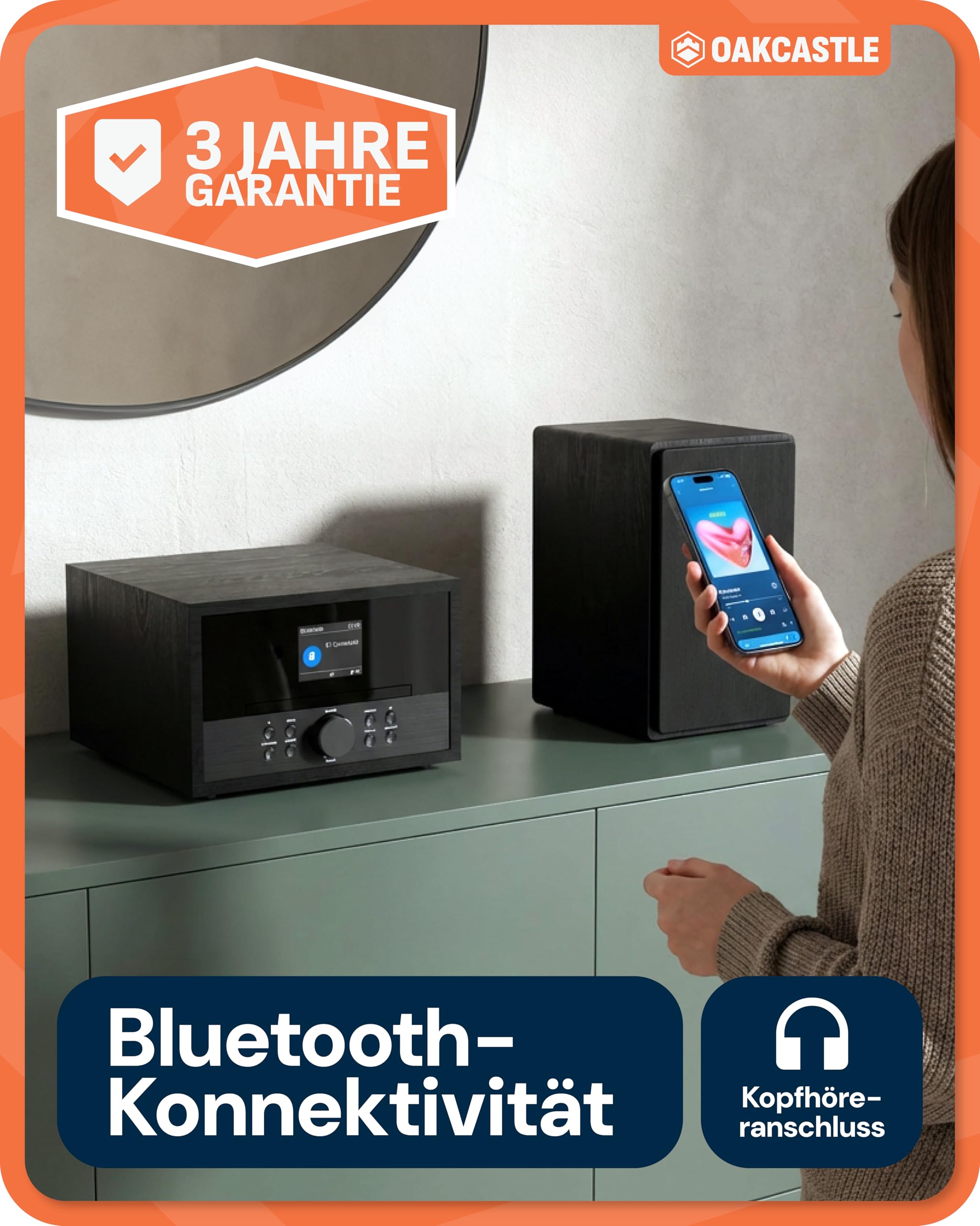 OAKCASTLE DAB400 HiFi DAB Radio mit CD Player | 60W 2.0 Stereoanlage | UKW Radio HiFi Anlage mit Bluetooth 5.2 | Kompaktanlagen mit Farbdisplay & Inklusive Fernbedienung | Mini Musikanlage CD Spieler
