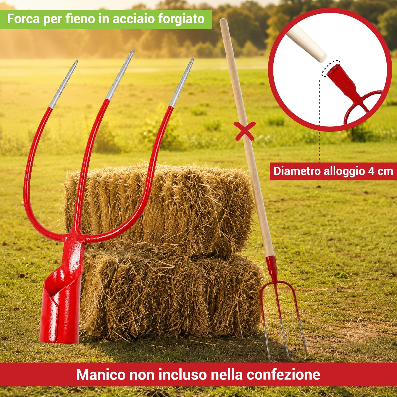 Crisalide® Forca per Fieno a 3 Denti Senza Manico – Forca in Acciaio Forgiato per Paglia, Fieno, Erbacce e Uso Agricolo Professionale